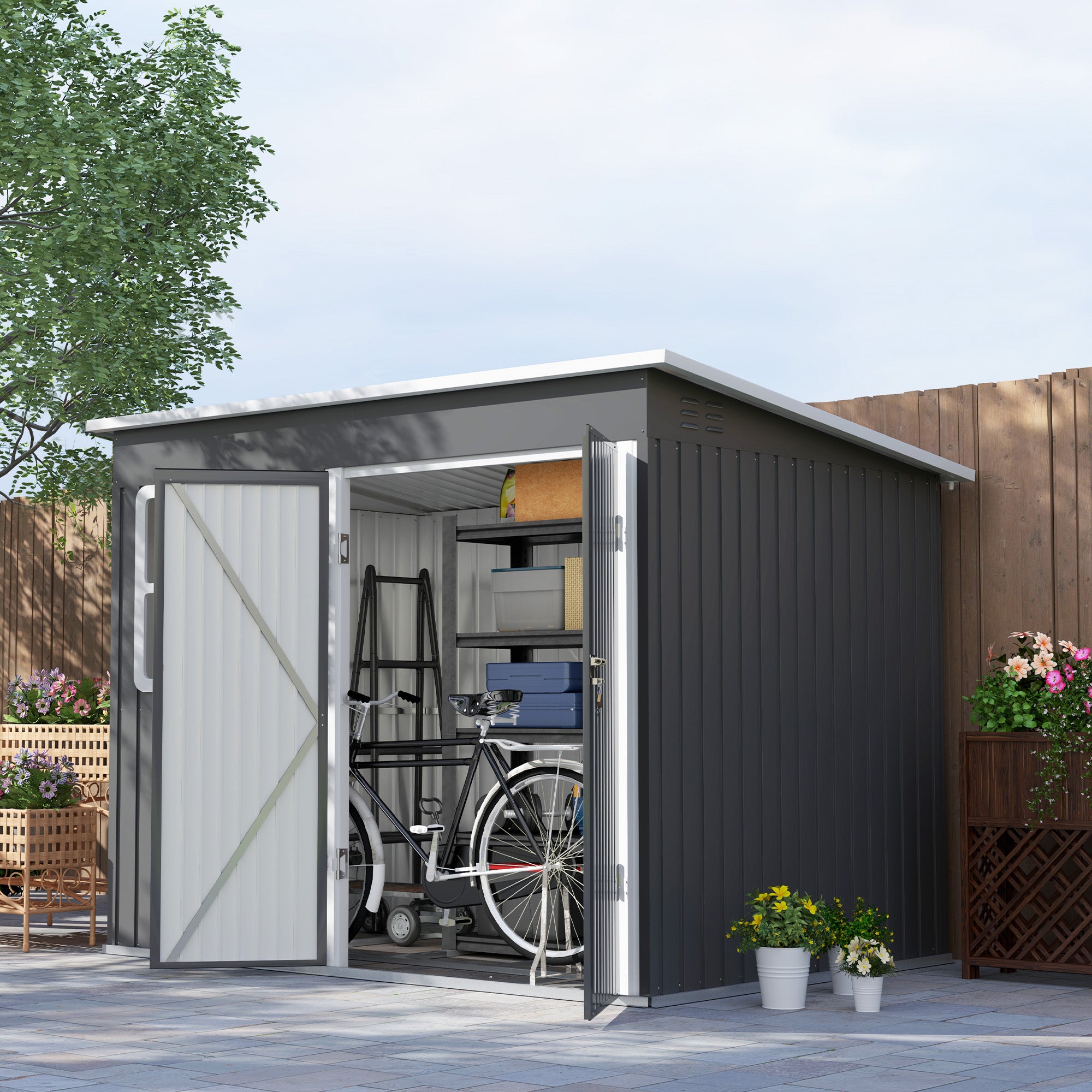 Outsunny 8.5 x 6ft Storage Shed Galvanised Steel Garden Shed, Metal Shed with Foundation Kit, Window, Lockable Wide Doors and Air Vents for Outdoor Patio, Dark Grey - North Peak Garden Furniture