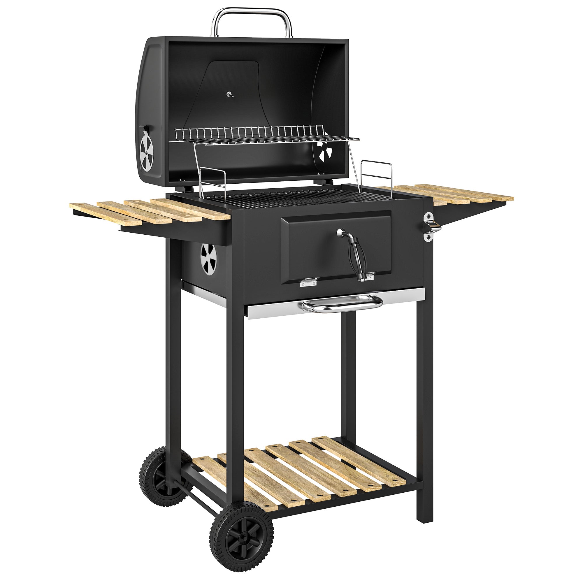Outsunny Charcoal BBQ Grill with Height Adjustable Charcoal Pan, Barbecue Smoker with Warming Rack, 3 Shelves, Temperature Gauge, Wheels, Bottle Opener for Outdoor Cooking Garden Party