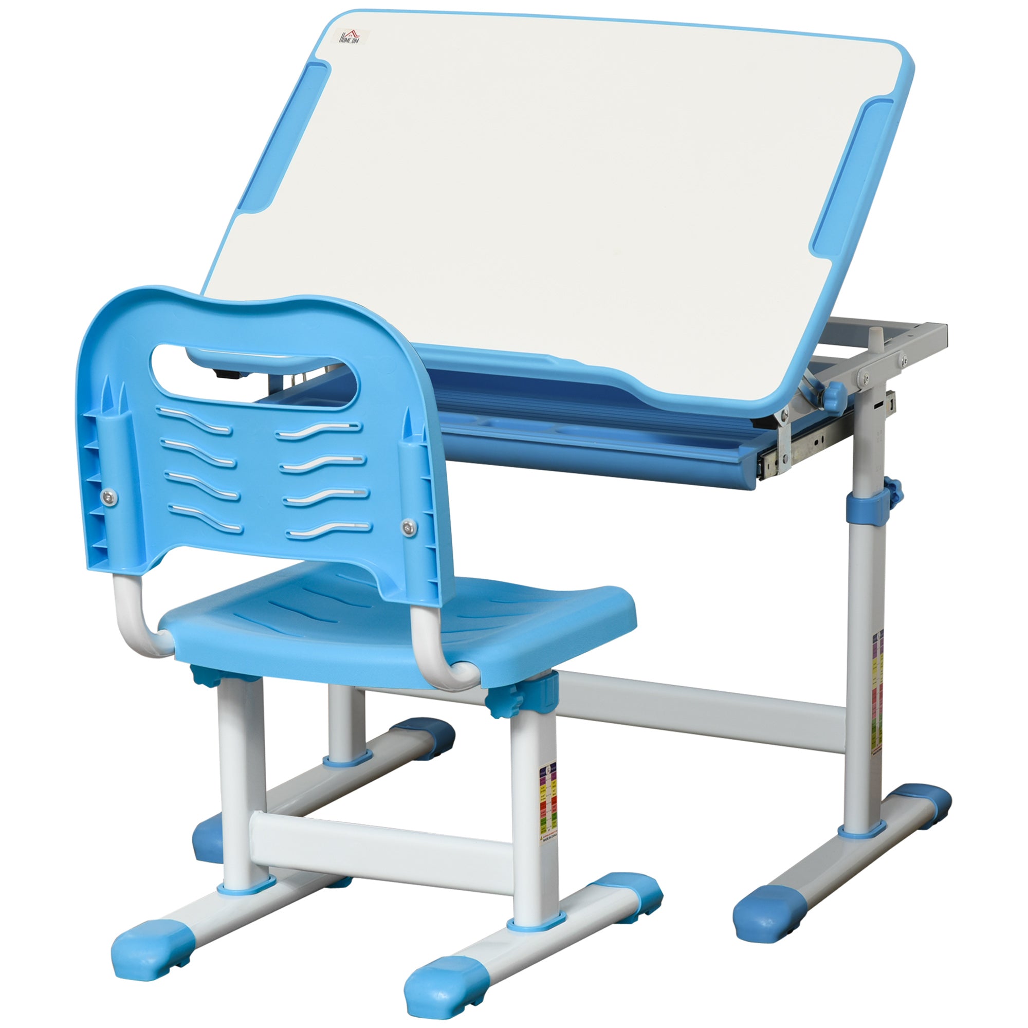 HOMCOM Kids Desk and Chair Set, Height Adjustable Student Writing Desk, Children School Study Table with Tiltable Desktop, Drawer, Pen Slot, Hook - Blue - North Peak Garden Furniture