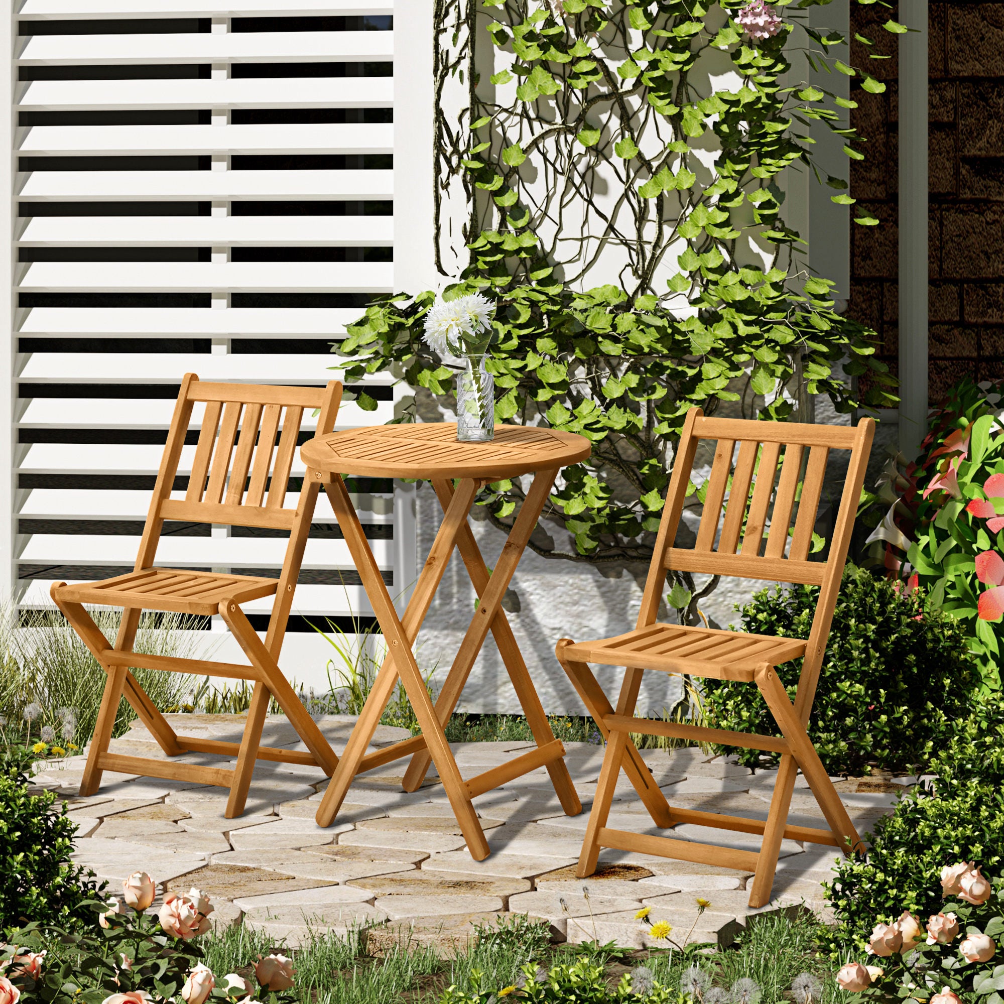 Outsunny 3 Piece Folding Bistro Set, Wooden Garden Table and Chairs for Outdoor, Patio, Yard, Porch, Teak - North Peak Garden Furniture