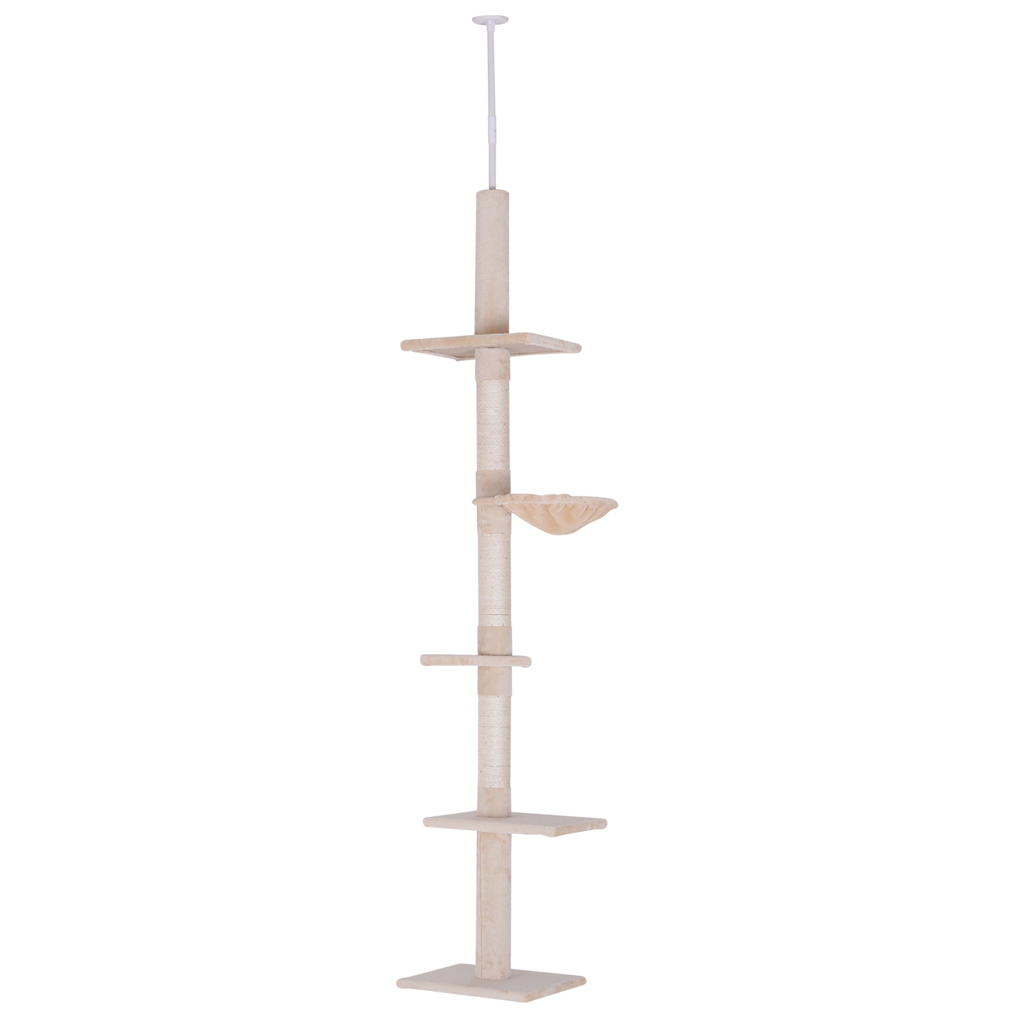 PawHut Floor to Ceiling Cat Tree for Indoor Cats 5-Tier Kitty Tower Climbing Activity Center Scratching Post Adjustable Height 230-260 cm Beige - North Peak Garden Furniture