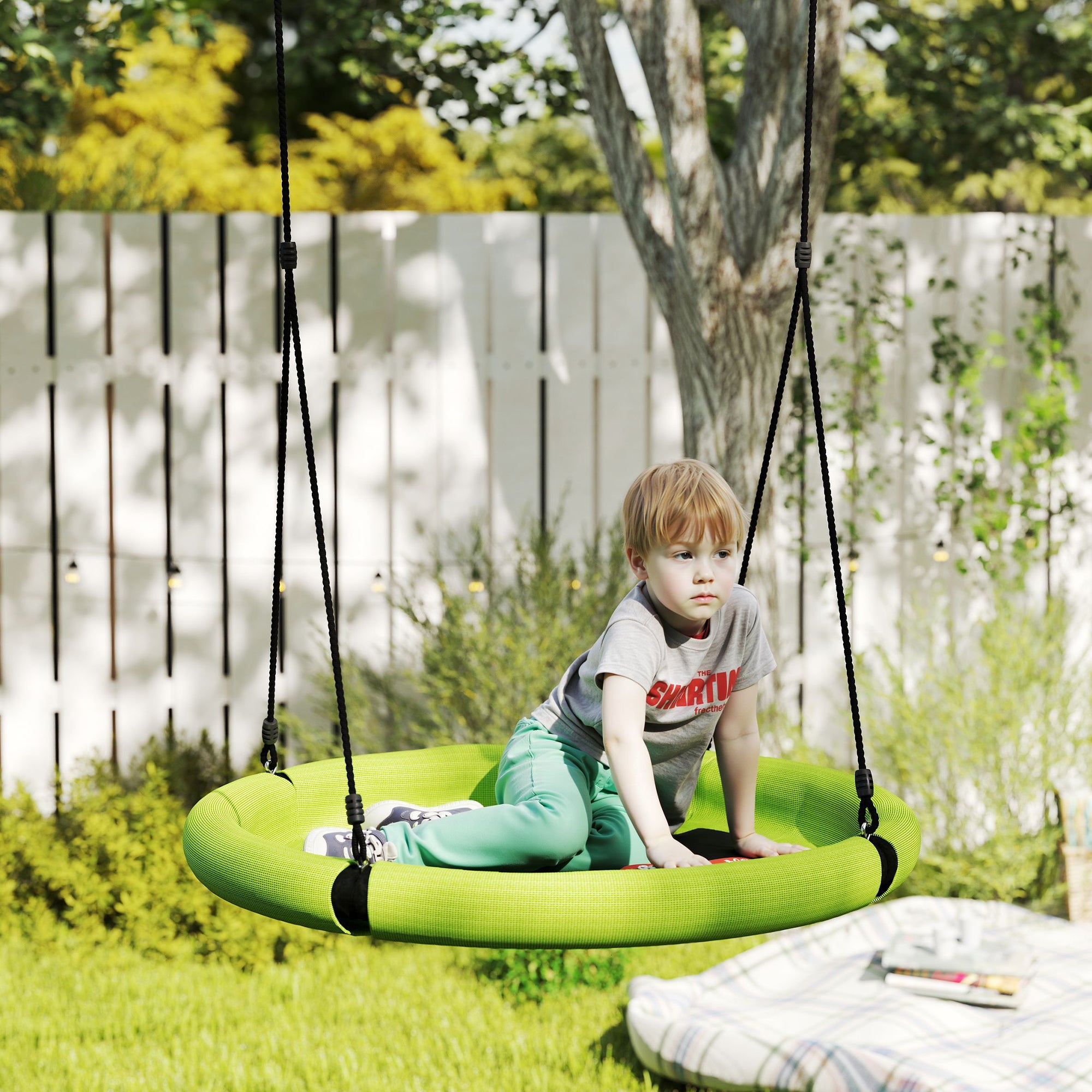AIYAPLAY 100cm Diameter Nest Swing Seat for Kids with Height Adjustable Hanging Ropes for Outdoor, Playground, Garden, Green - North Peak Garden Furniture