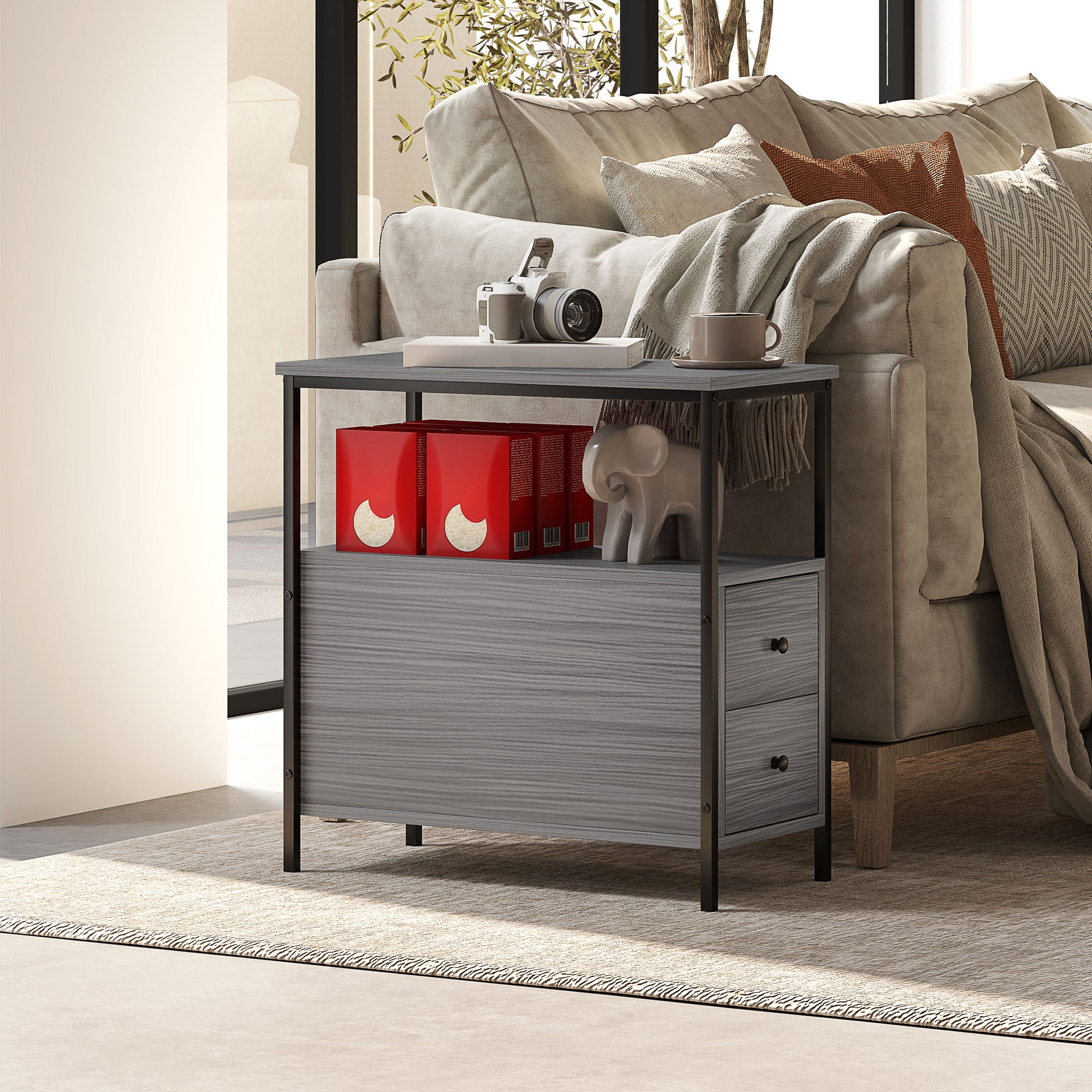 HOMCOM Side Table, Narrow Bedside Table with 2 Drawers and Storage Shelf, Industrial End Table with Metal Frame for Small Spaces, Grey Wood Grain - North Peak Garden Furniture