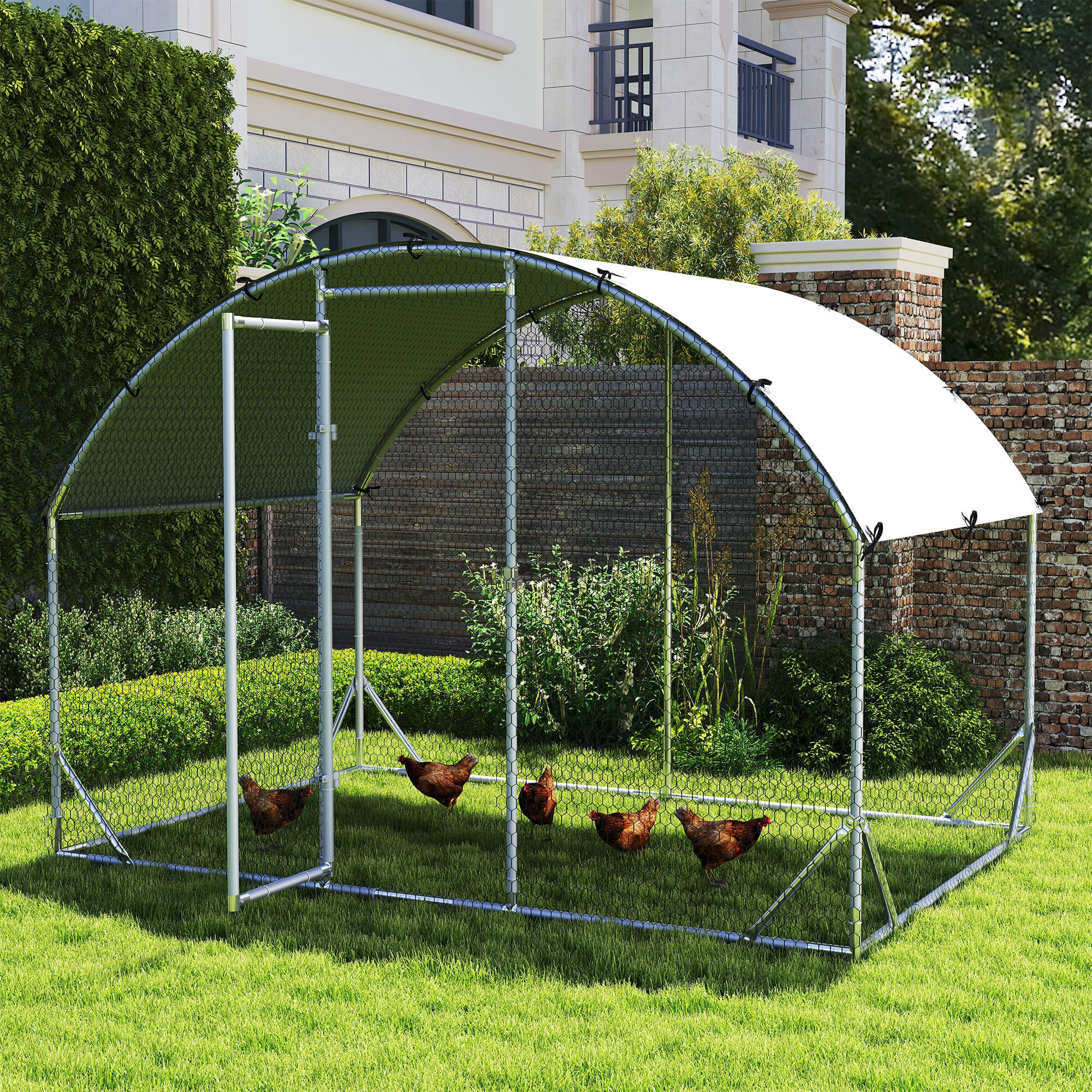 PawHut Walk In Chicken Run Galvanised Chicken Coop Hen Poultry House Cage Rabbit Hutch Pet Playpen Garden with Water-Resist Cover, 2.8 x 1.9 x 2m
