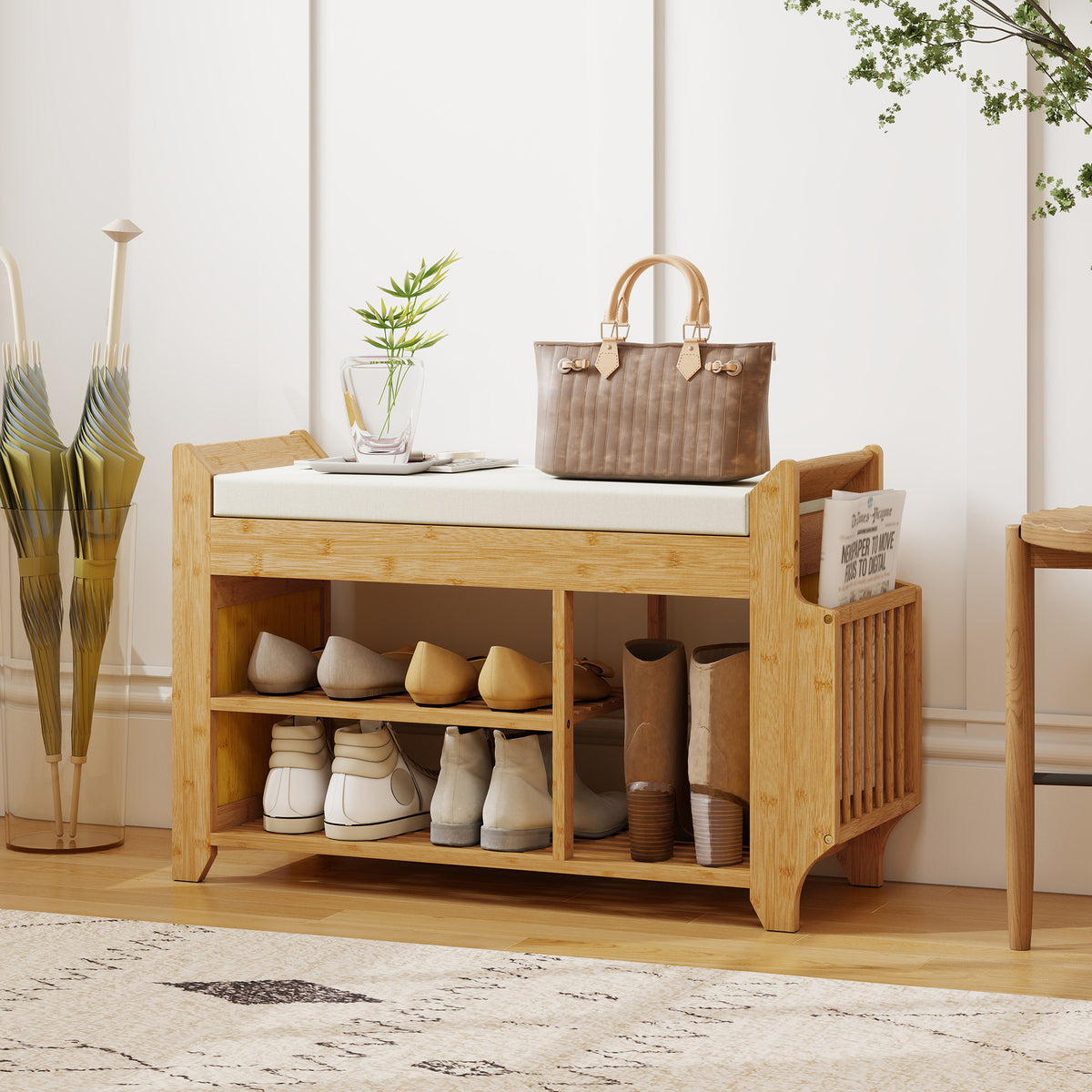 HOMCOM Shoe Bench 2-Tier Boot Section Entryway Storage Bench Cushioned Seat 80 x 30 x 50 cm Natural and Cream