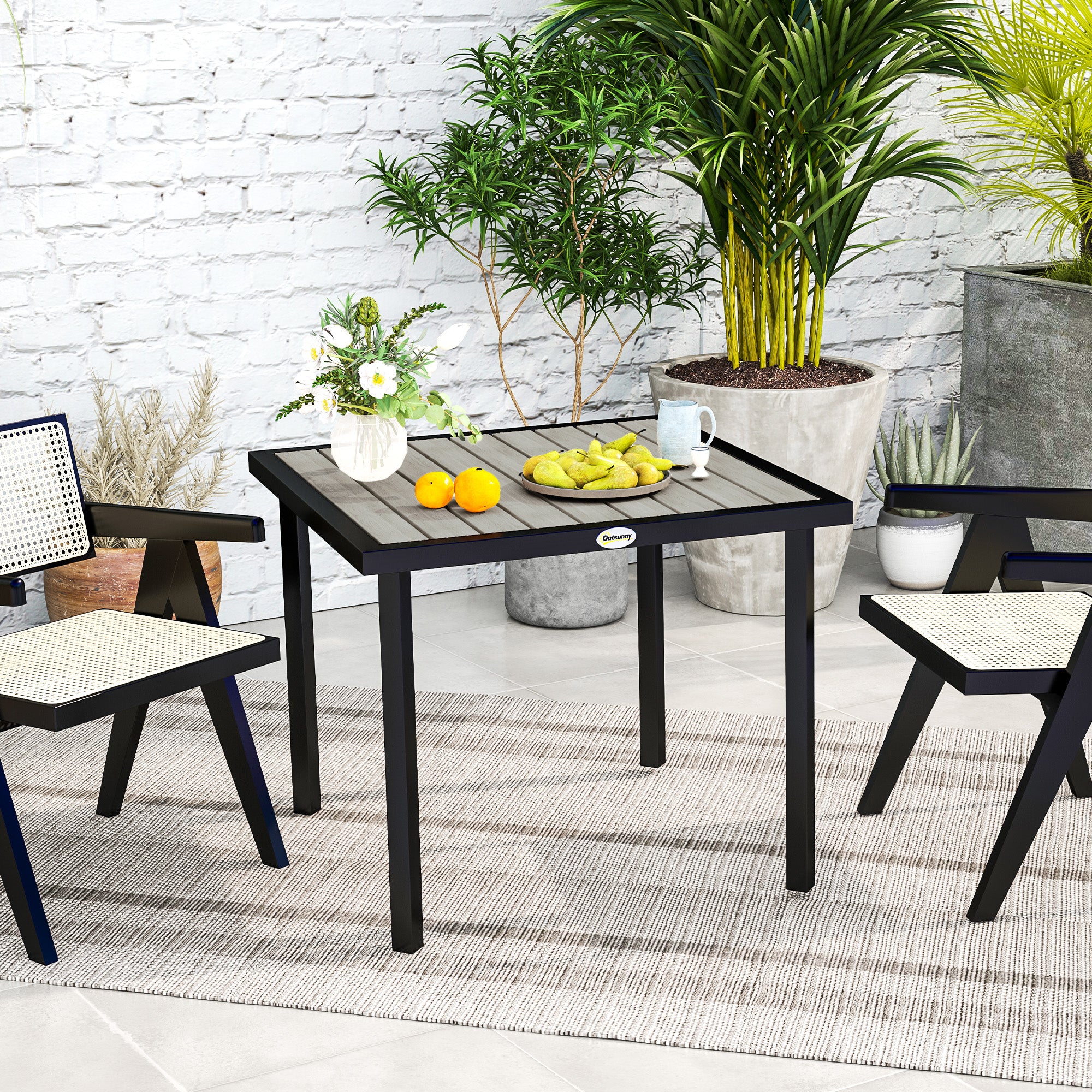 Outsunny Square Garden Dining Table with 5.4cm Parasol Hole, Slatted Top, Metal Frame, 86 x 86 x 71 cm, Light Grey - North Peak Garden Furniture