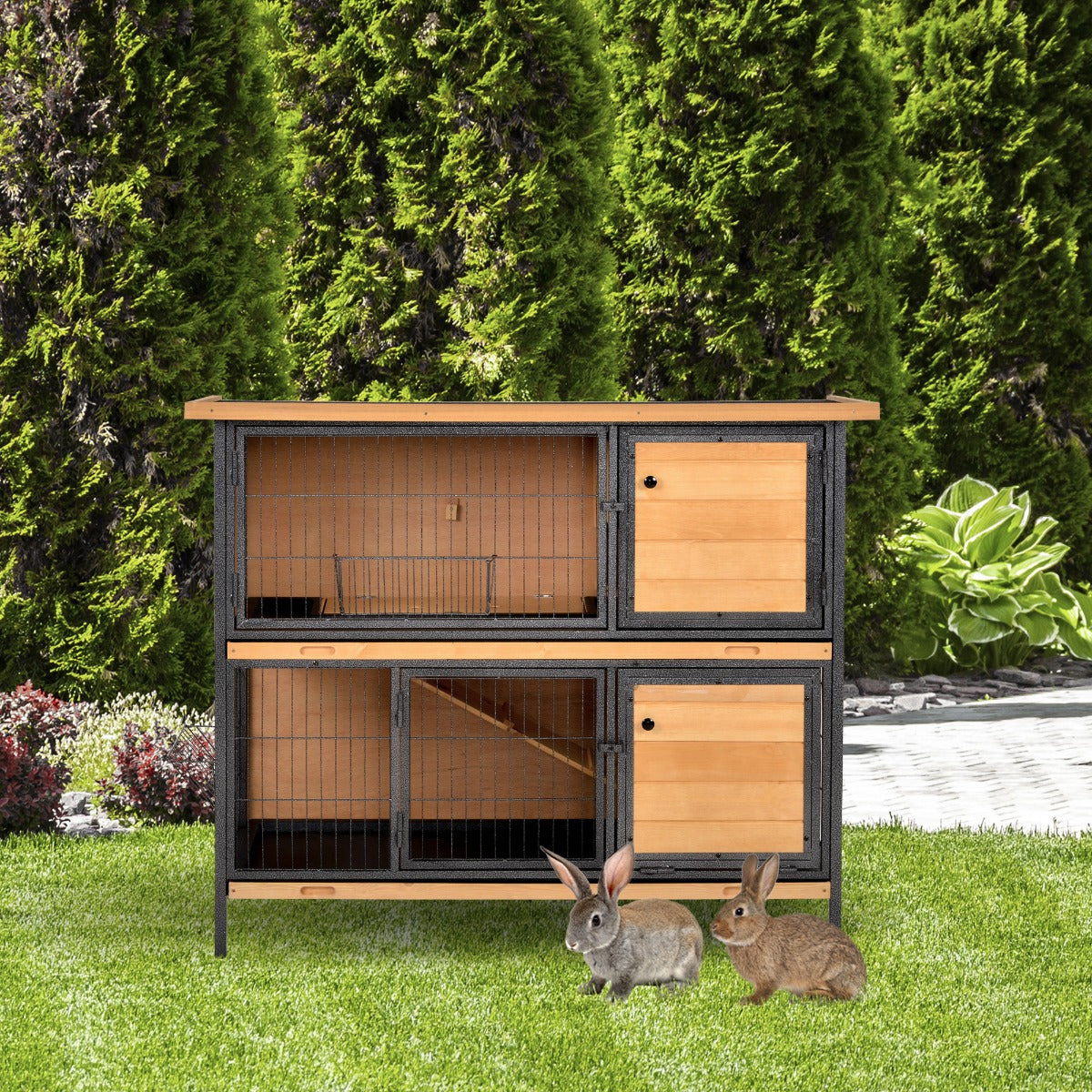 PawHut Wooden Metal Guinea Pigs Hutches Pet House Bunny w/ Slide-Out Tray Outdoor Light Yellow,black - North Peak Garden Furniture