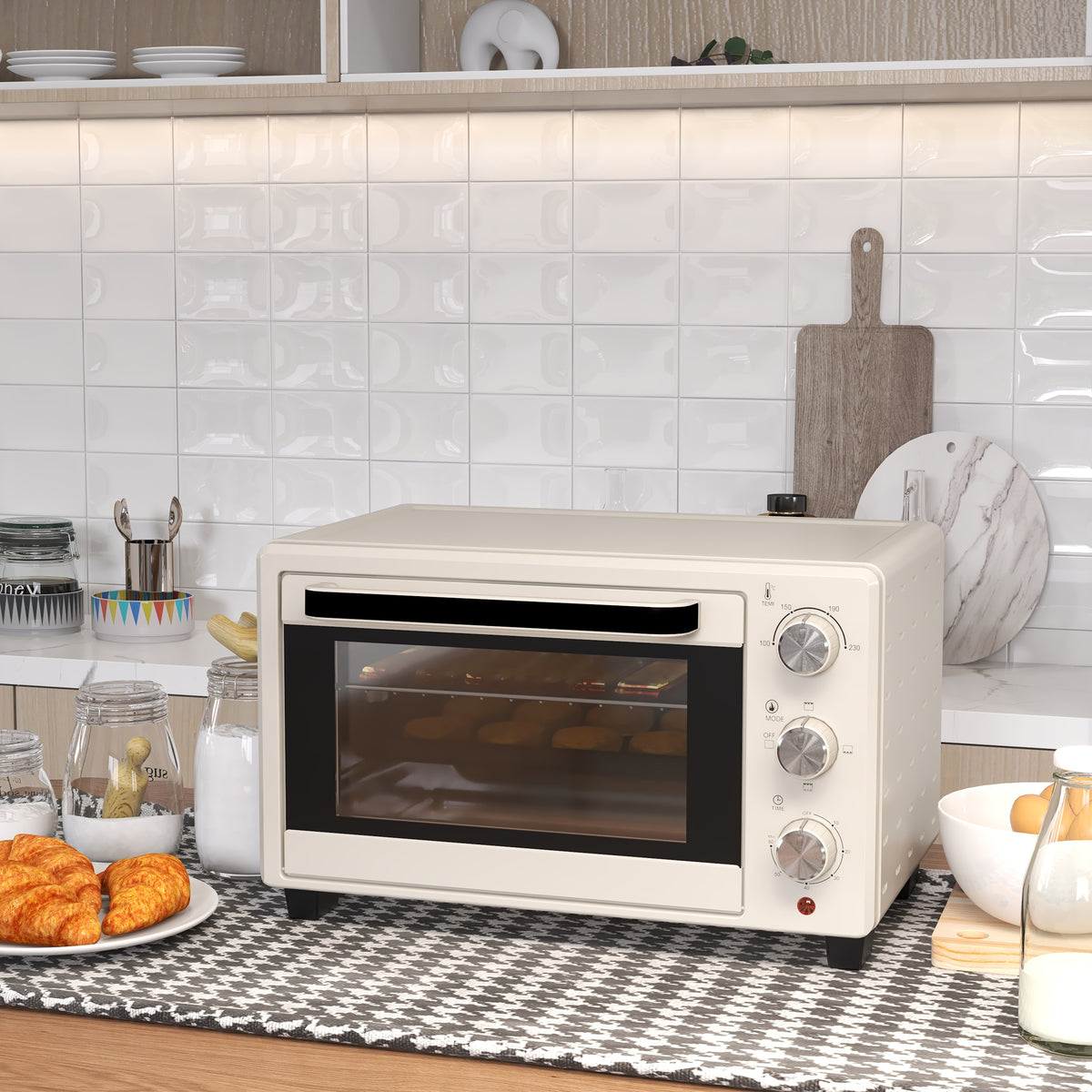 HOMCOM Mini Oven, 21L Countertop Electric Grill, Toaster Oven with Adjustable Temperature, Timer, Baking Tray and Wire Rack, 1400W, Cream
