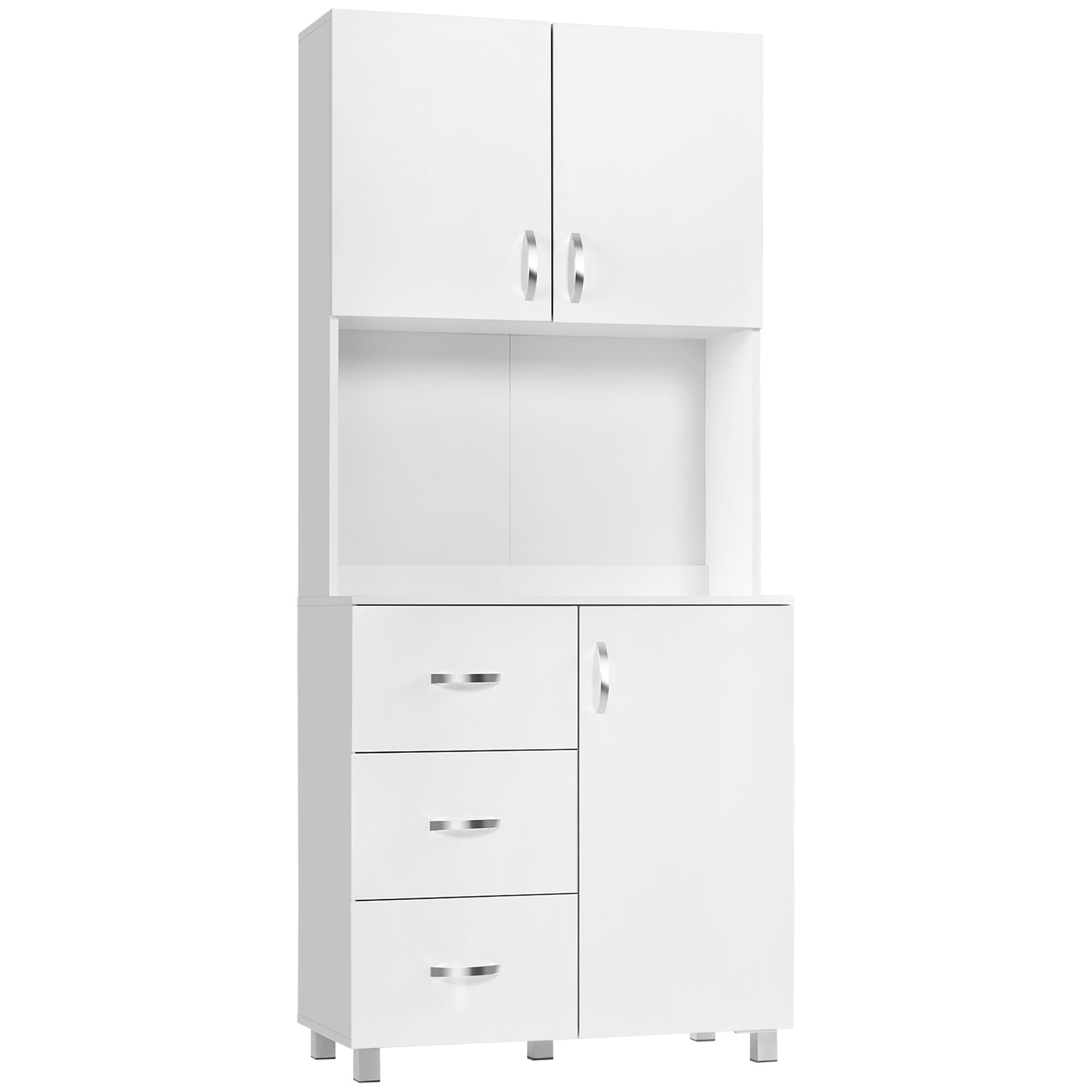 HOMCOM Free standing Kitchen Cupboard, Storage Cabinet with Doors and Sheleves, 3 drawers and Open Space, Adjustable Height Storage Unit, White - North Peak Garden Furniture