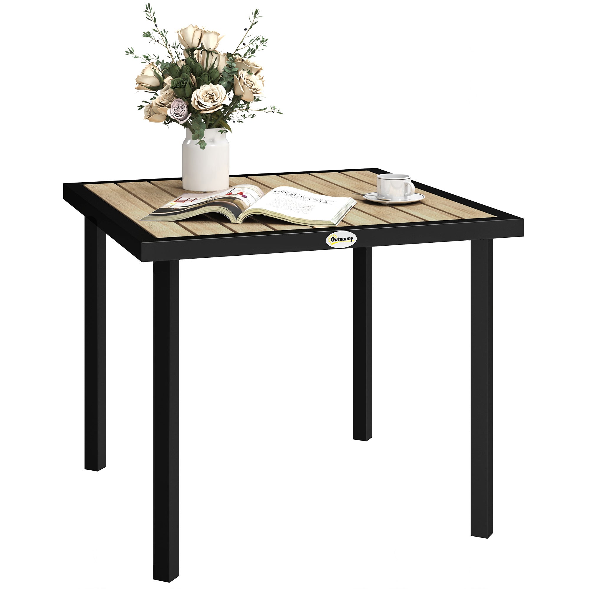 Outsunny Square Garden Dining Table with 5.4cm Parasol Hole, Slatted Top, Metal Frame, 86 x 86 x 71cm, Brown - North Peak Garden Furniture
