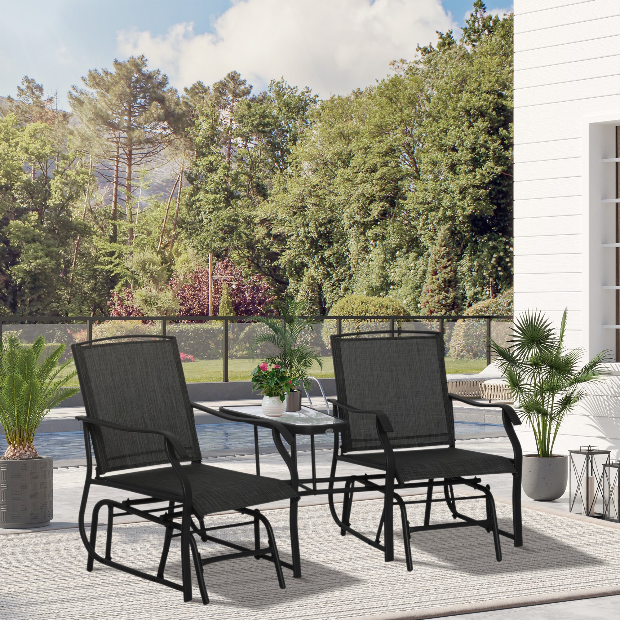 Outsunny Gliding Jack and Jill Seat, with Glass-Top Table - Black - North Peak Garden Furniture