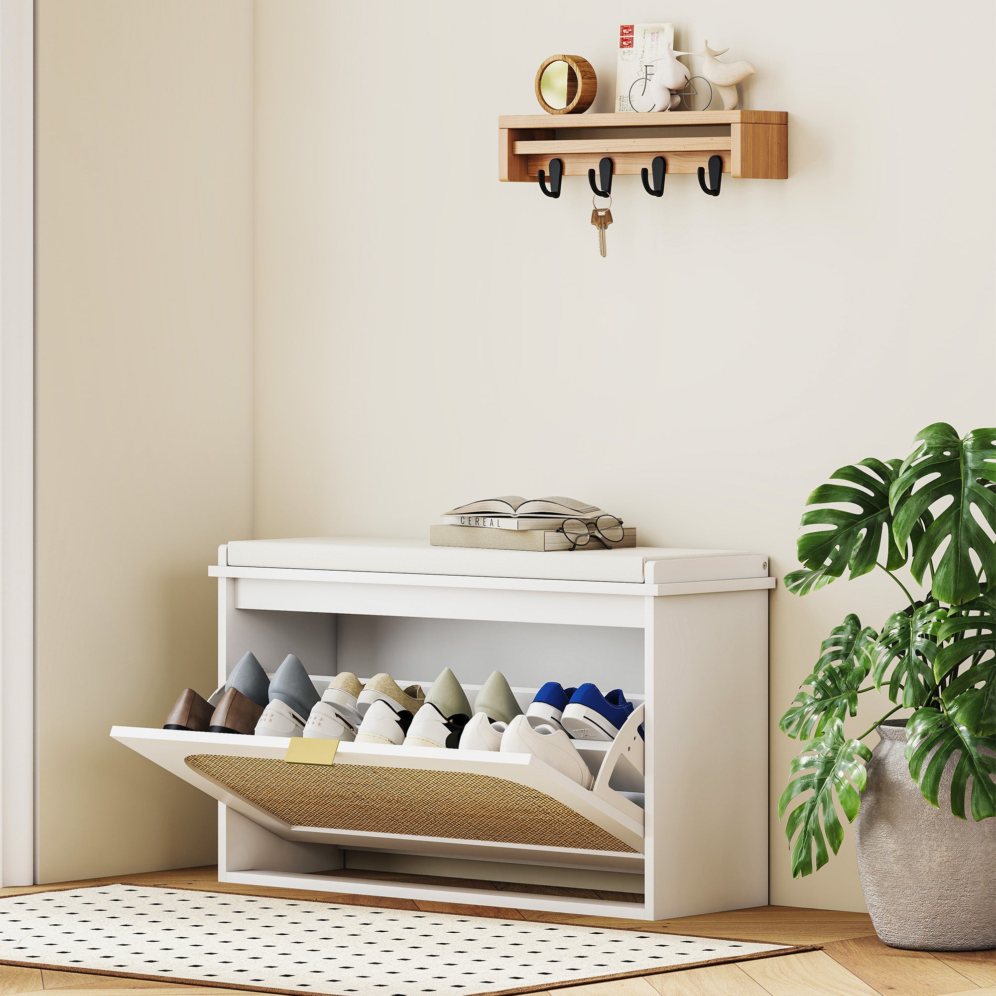 HOMCOM Boho Shoe Bench with Padded Seat and Flip-Drawer - White