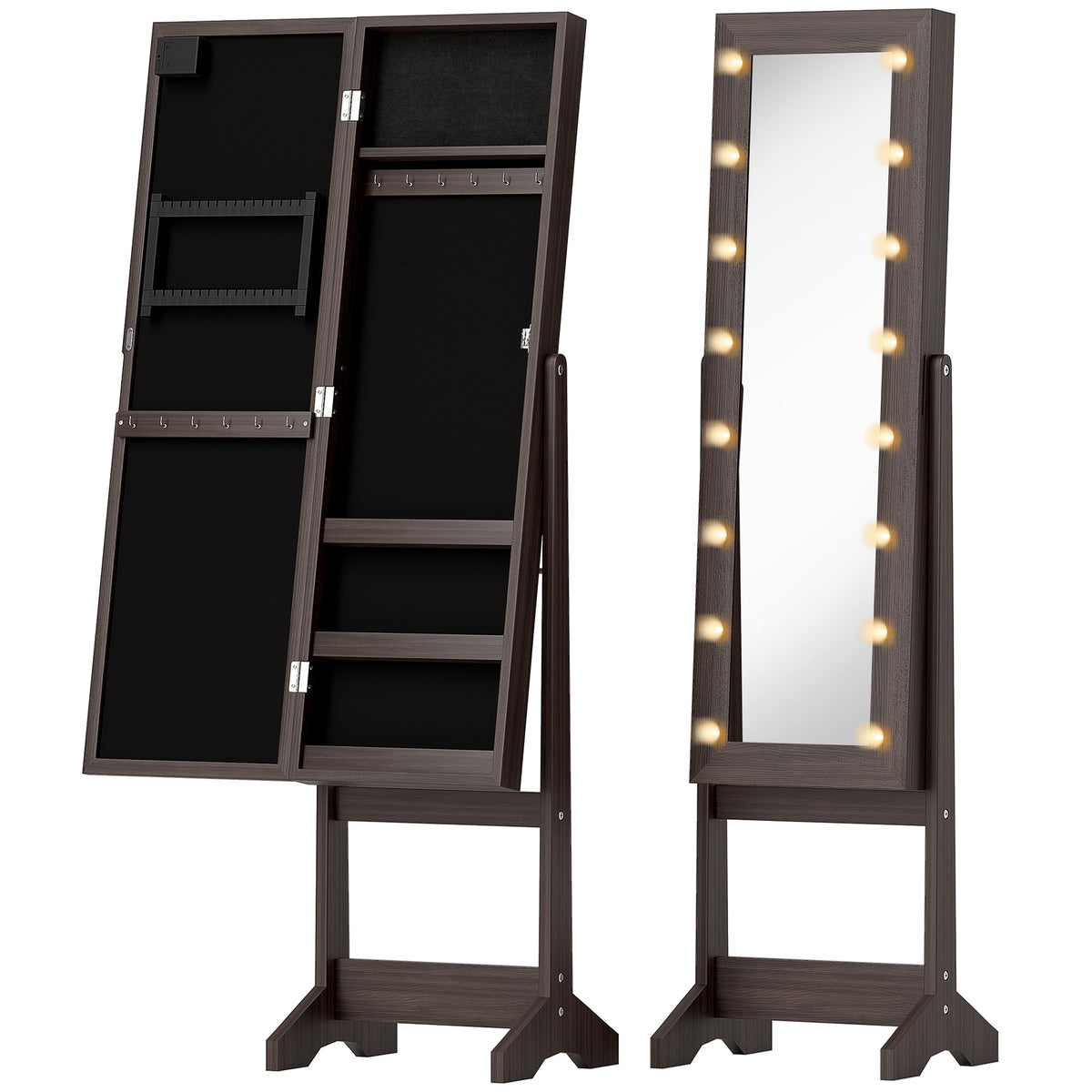 HOMCOM Free Standing Mirror Jewelry Cabinet with LED Lights, Jewellery Organiser with 3 Angle Adjustable, Full-Length Mirror with Storage for Earrings, Necklaces, Rings and Lipsticks, Dark Brown
