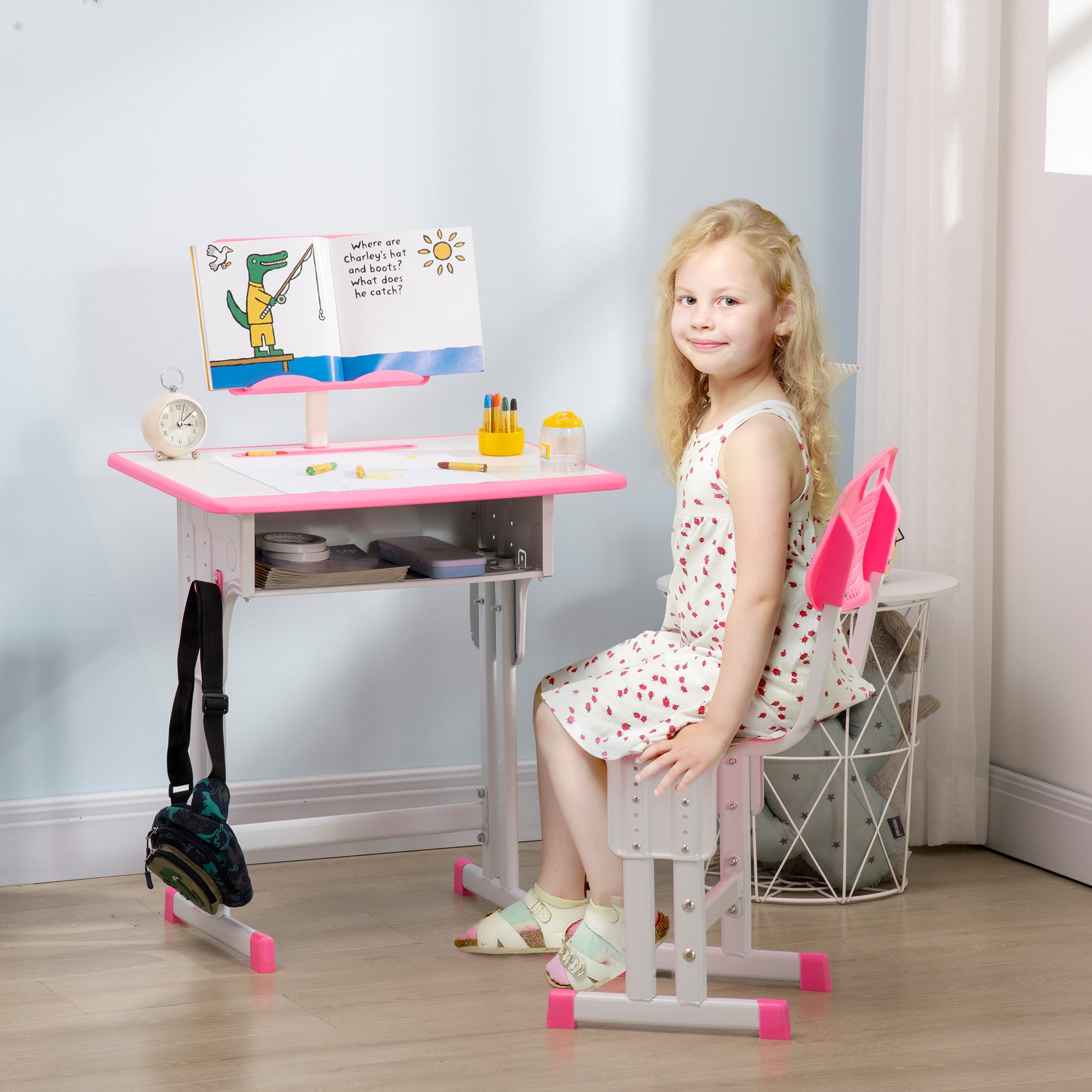 HOMCOM Kids Adjustable Desk and Chair Set, Book Stand, Pen Slot - Pink - North Peak Garden Furniture