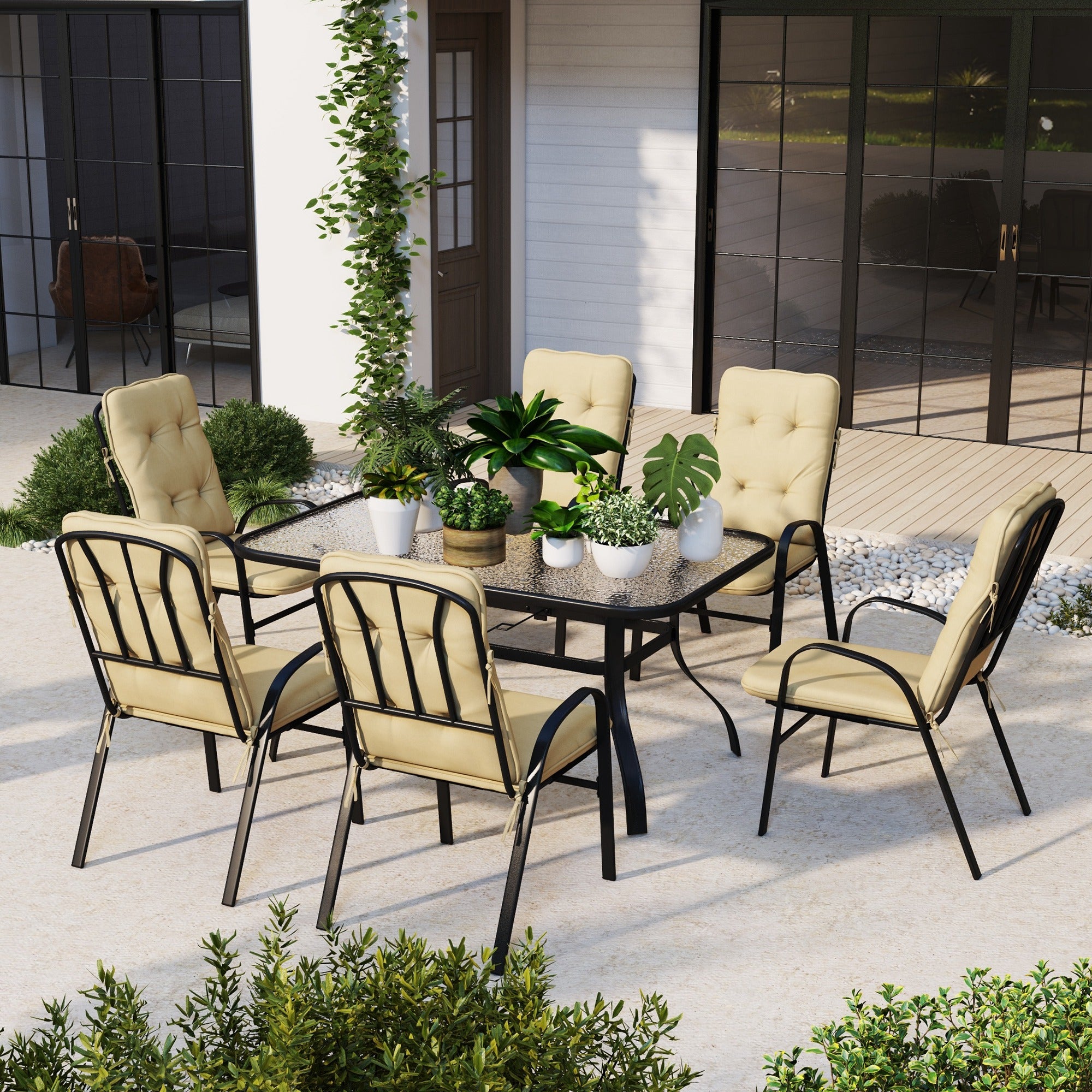 Outsunny 7 Piece Garden Dining Set, Outdoor Dining Table and 6 Cushioned Armchairs, Tempered Glass Top Table w/ Umbrella Hole, Texteline Seats, Beige - North Peak Garden Furniture
