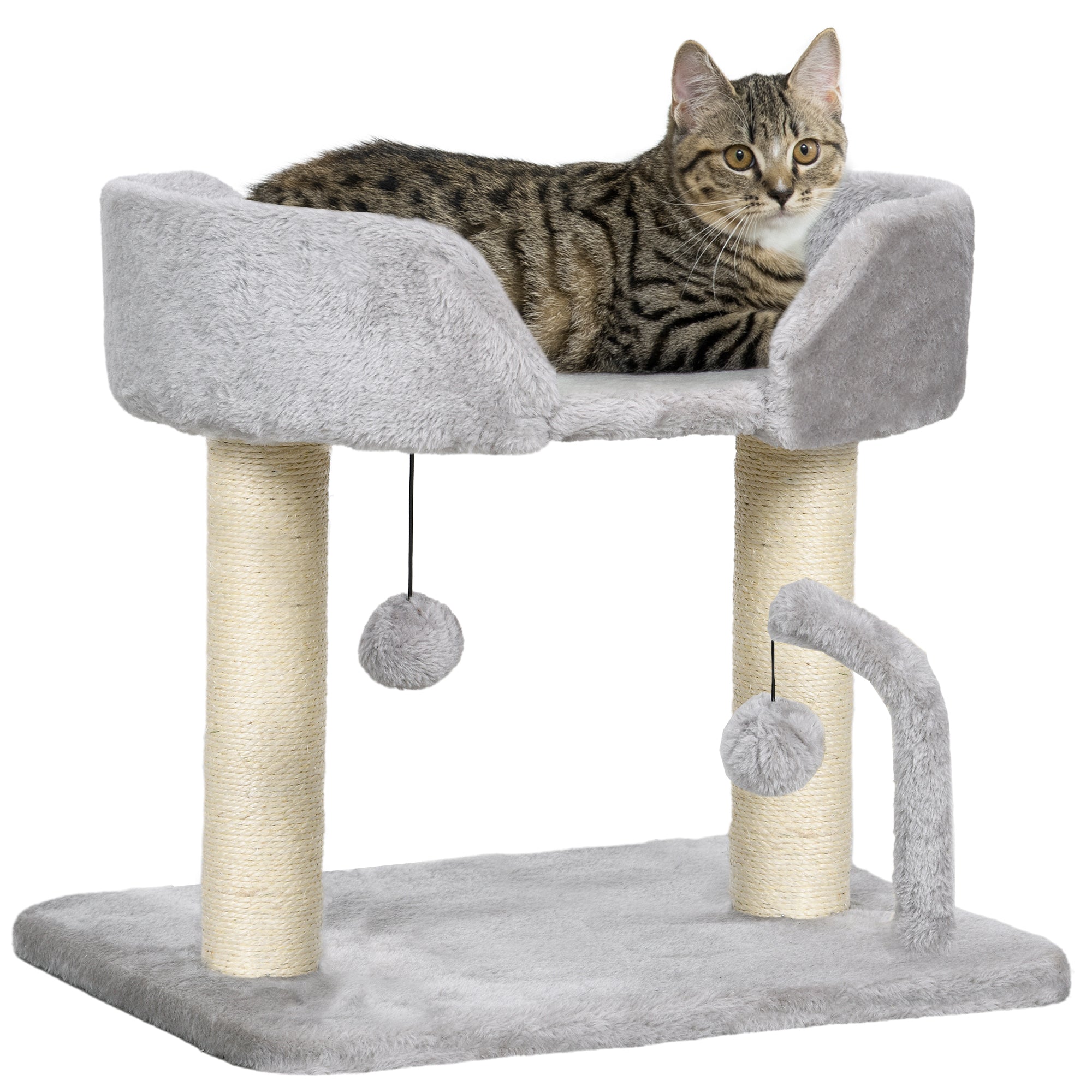 PawHut 42cm Indoor Cat Tree, with Toy Balls, Sisal Scratching Post - Light Grey - North Peak Garden Furniture
