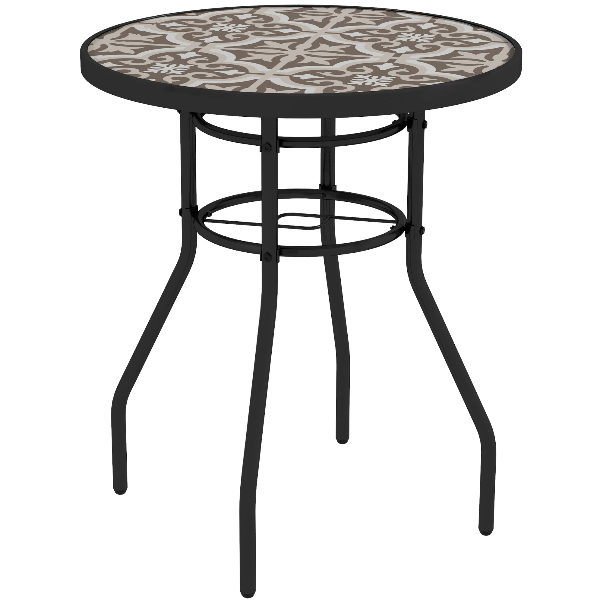Outsunny Φ60 Garden Table, with Glass Printed Tabletop - Brown - North Peak Garden Furniture
