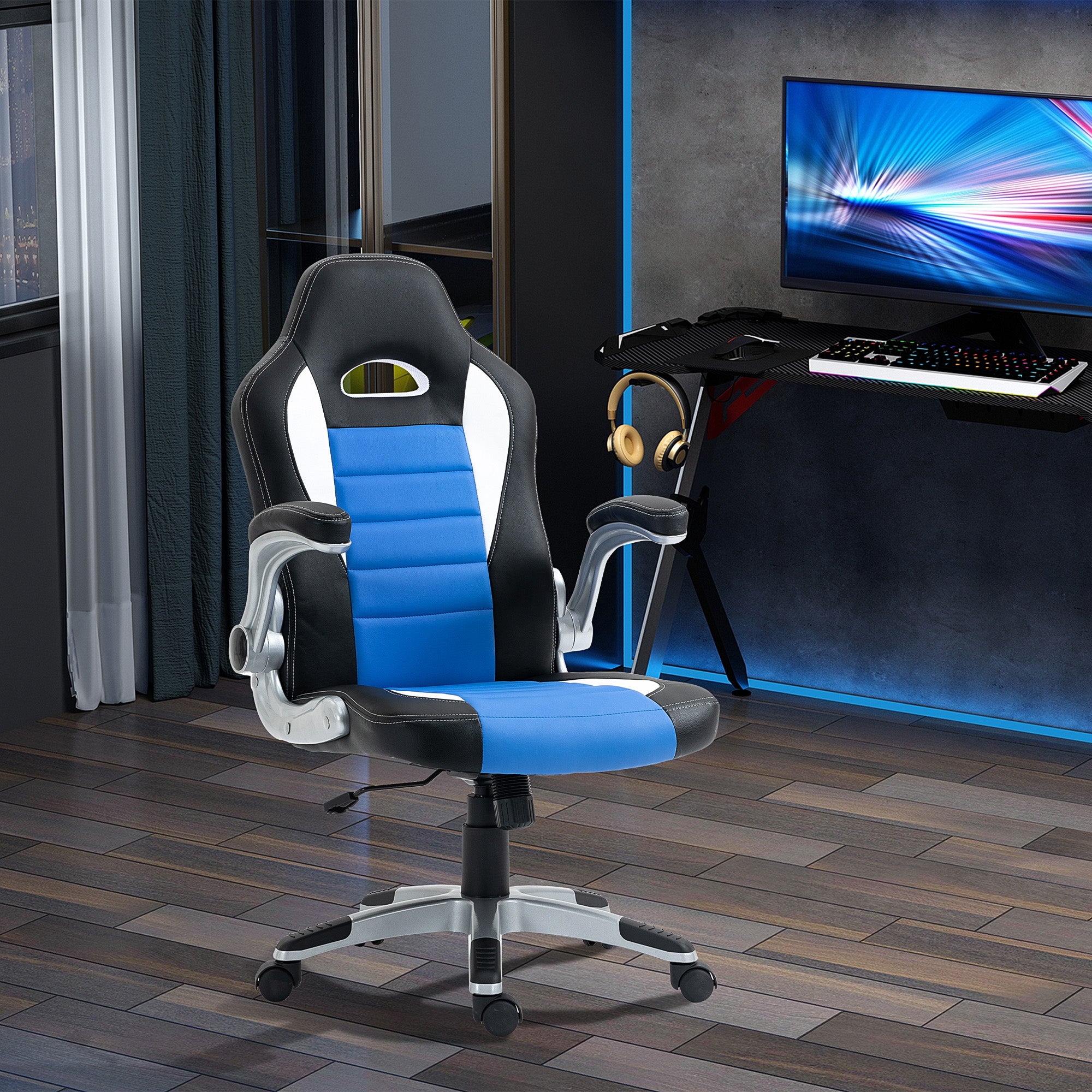HOMCOM Computer Gaming Chair, Office Desk Swivel Chair, PU Leather Racing Chair with 90° Flip-up Armrest, Adjustable Height and Rolling Wheels, Blue - North Peak Garden Furniture