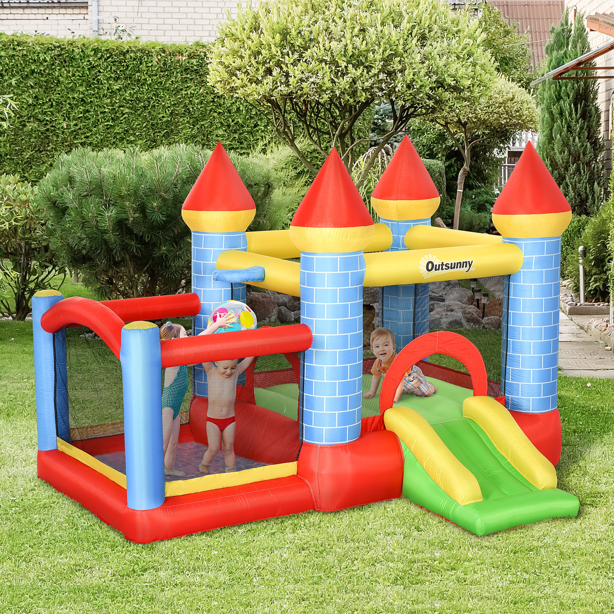 Outsunny Kids Bounce Castle Inflatable Trampoline Slide Pool Basket for Kids Age 3-10, 3 x 2.75 x 2.1m - North Peak Garden Furniture