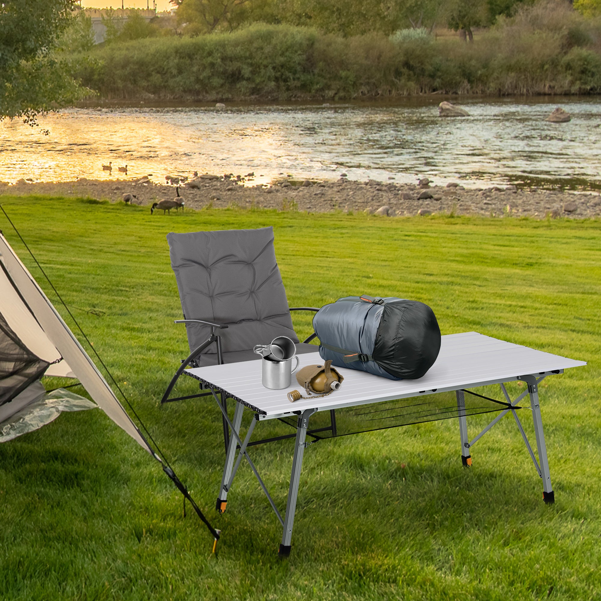 Outsunny 4FT Folding Aluminium Picnic Table Portable Camping BBQ Table Roll Up Top Mesh Layer Rack with Carrying Bag - North Peak Garden Furniture