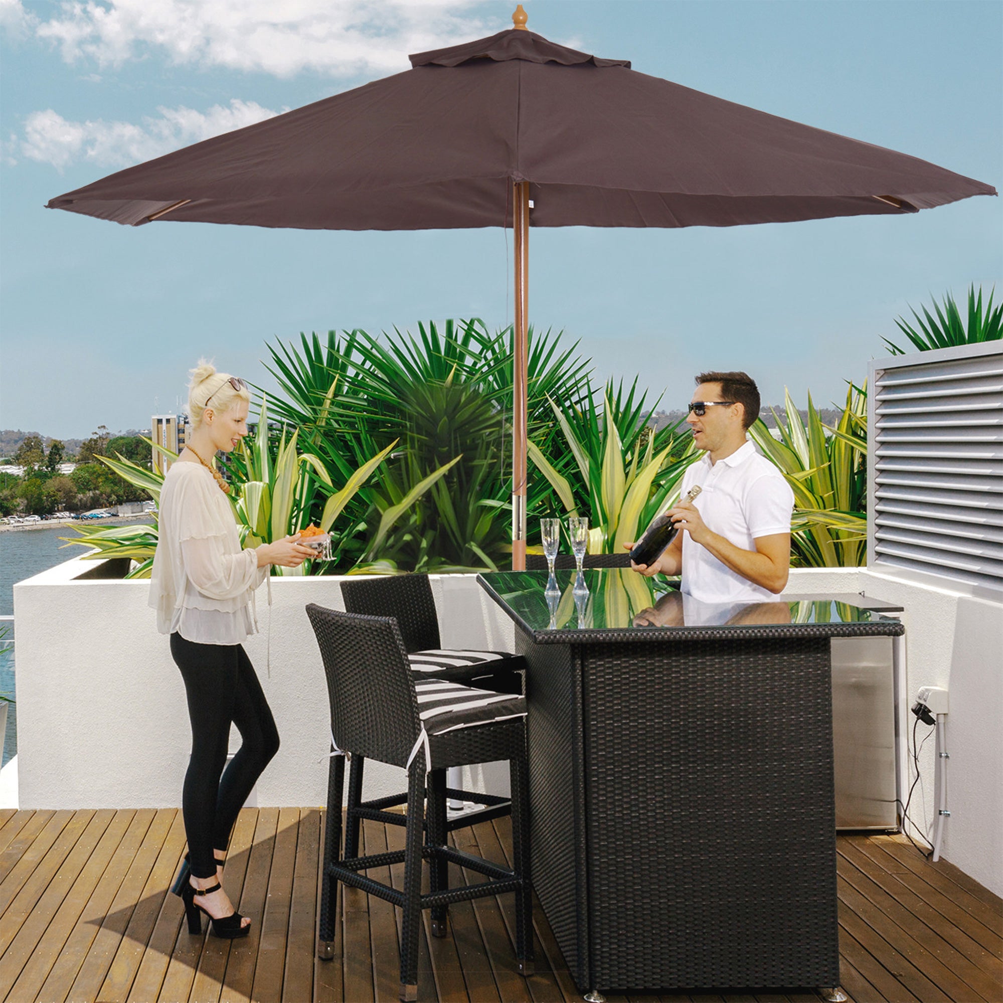 Outsunny 2.5m Wood Garden Parasol Sun Shade Patio Outdoor Wooden Umbrella Canopy Coffee - North Peak Garden Furniture