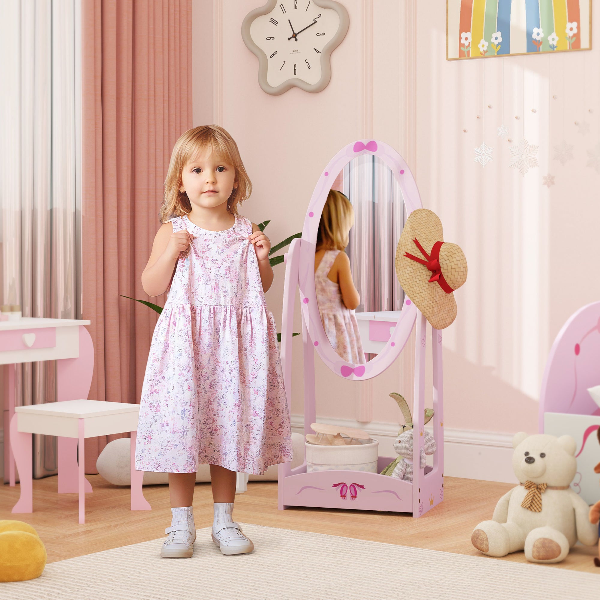 AIYAPLAY Kids Full Length Mirror, 360° Rotating Children Standing Mirror with Storage Shelf, Pink - North Peak Garden Furniture