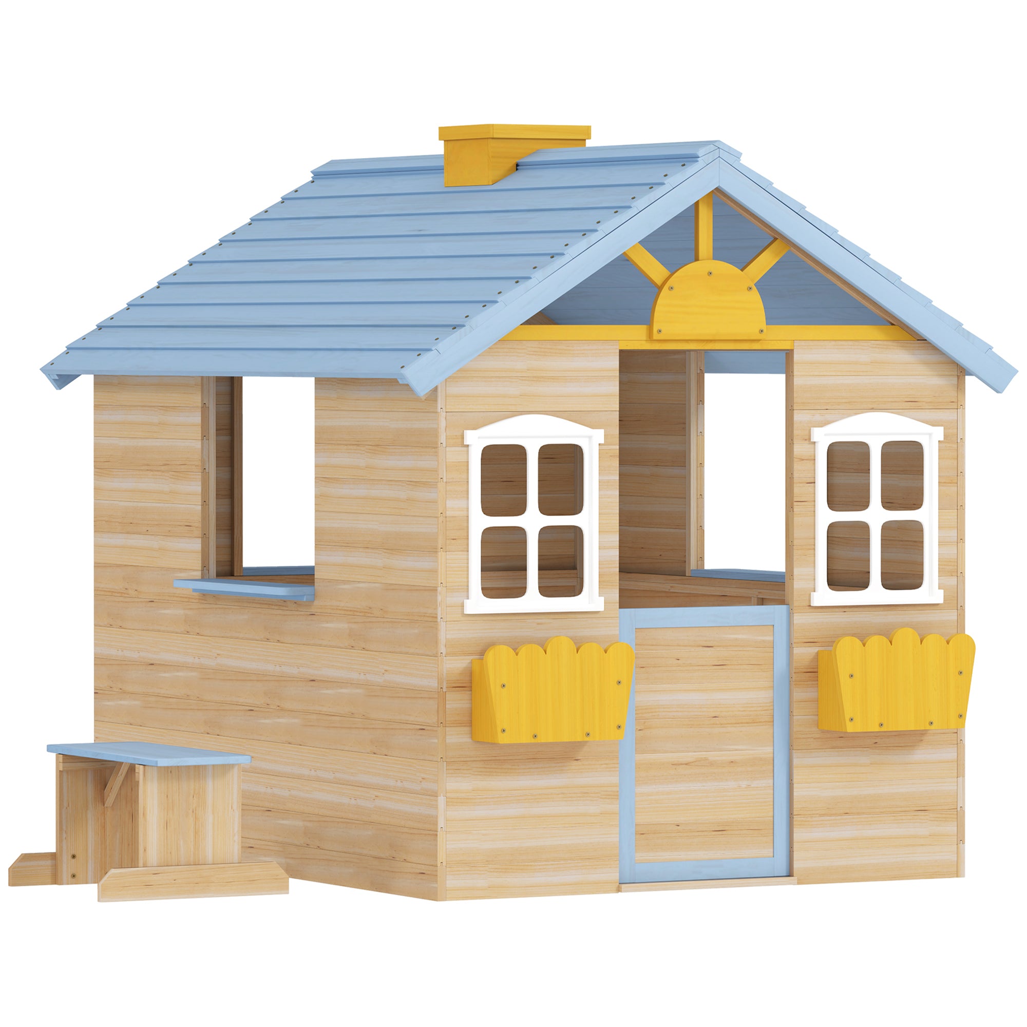 Outsunny Wooden Playhouse, Wendy House w/ Door, Bench, Flowerpot Holder, For Ages 3-7 Years, Blue
