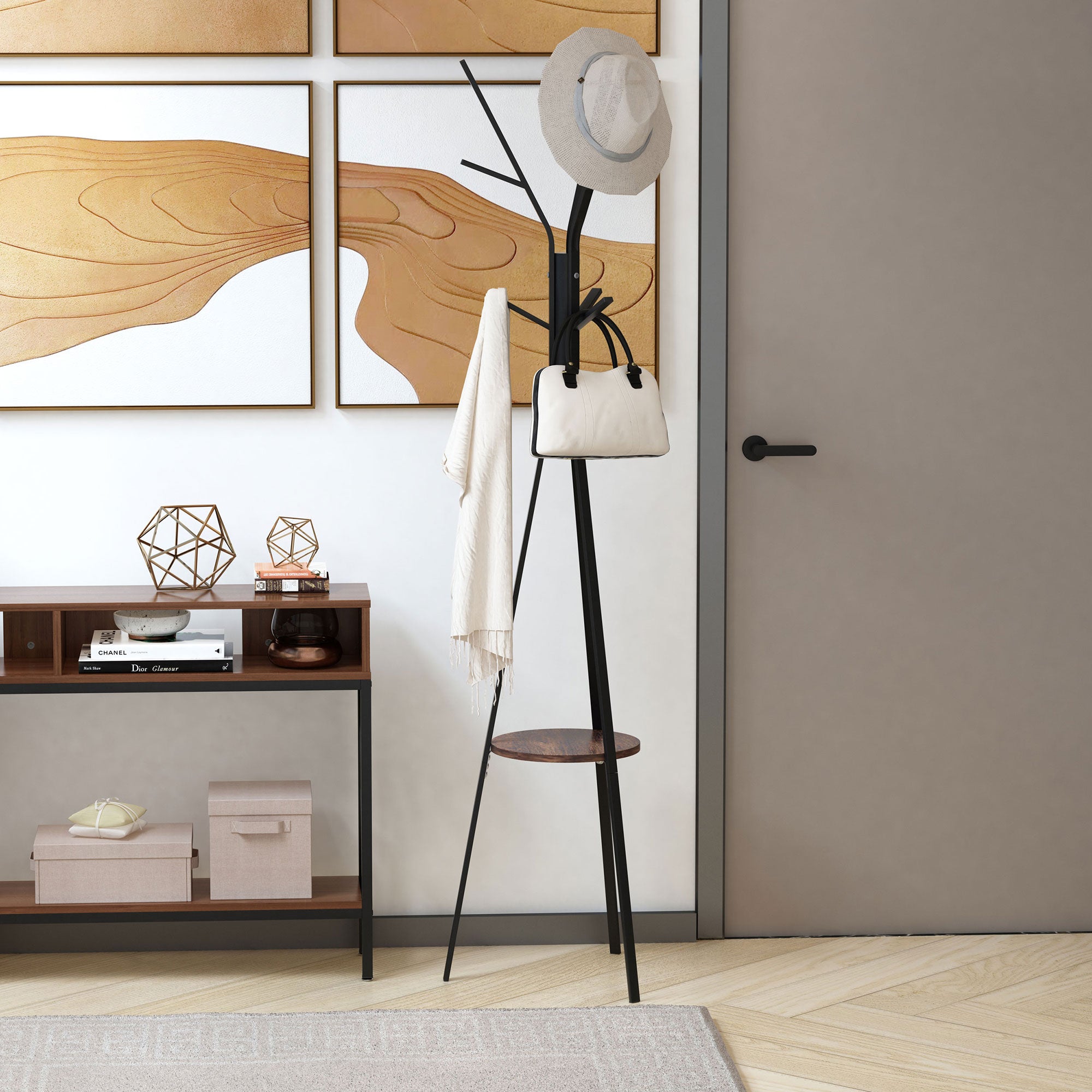 HOMCOM Freestanding Metal Coat Rack Stand 9 Hooks Clothes Tree with 1 Shelf Hat Display Hall Tree Hanger Bag Umbrella Hanging Organiser Brown - North Peak Garden Furniture