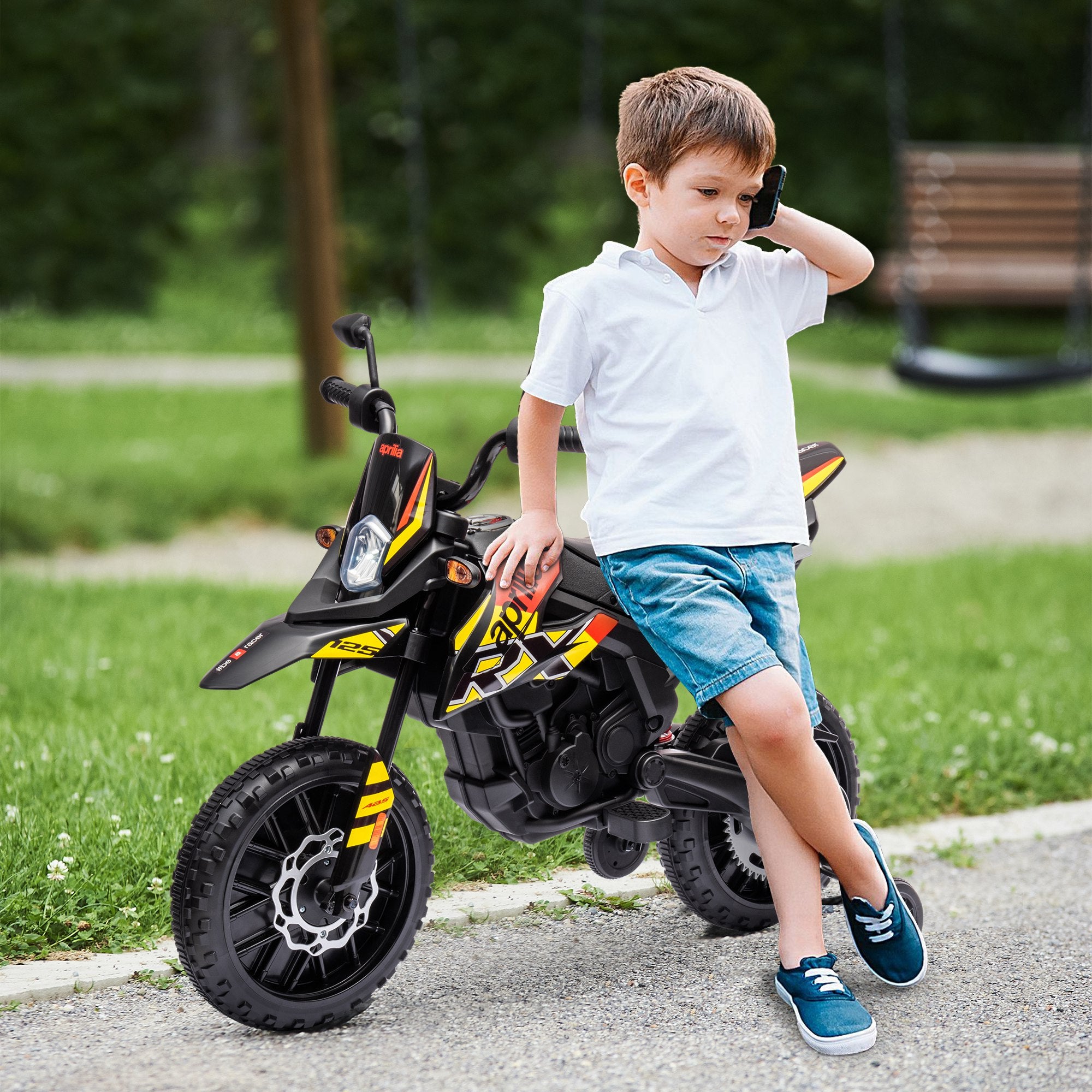 AIYAPLAY 12V Aprilia Licenced Kids Motorbike with Training Wheels, Spring Suspension, LED Light, USB, Music, Yellow - North Peak Garden Furniture
