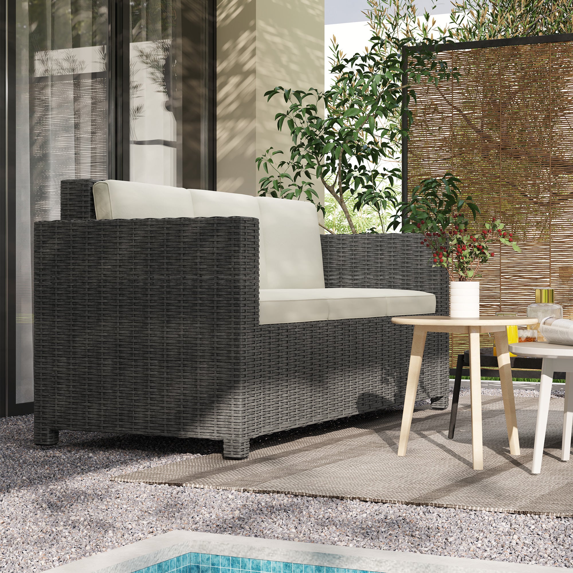 Outsunny 3 Seater Rattan Sofa All-Weather Wicker Weave Metal Frame Chair with Fire Resistant Cushio-Cream - North Peak Garden Furniture