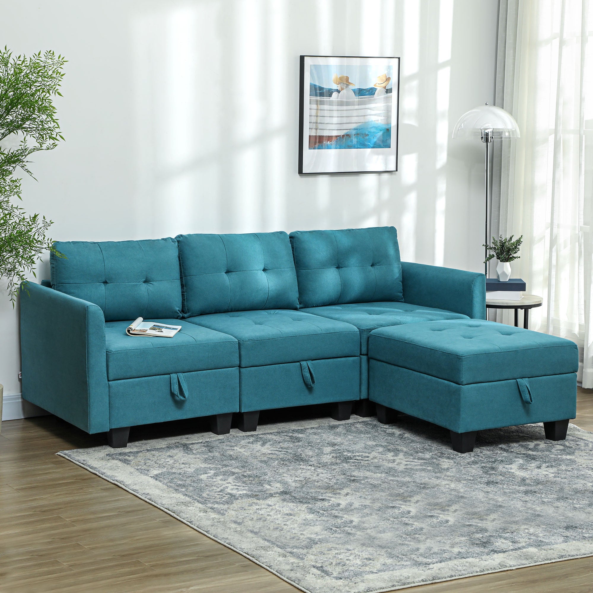 HOMCOM 'L' Shape Modular Sofa, with Storage - Light Blue - North Peak Garden Furniture