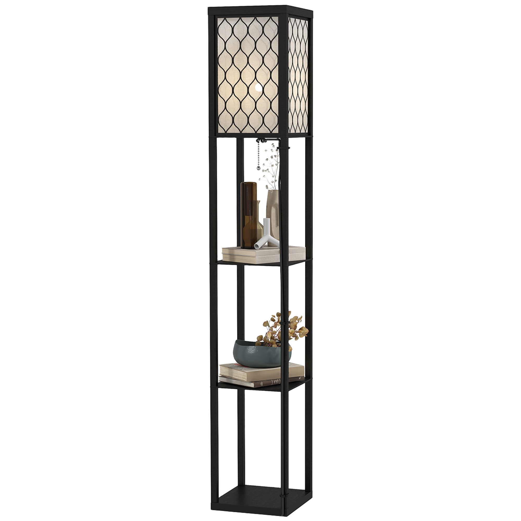 HOMCOM Shelf Floor Lamp Standing Lamp W/4-tier Wooden Open Shelves,26L x 26W x 160Hcm-Black/White - North Peak Garden Furniture