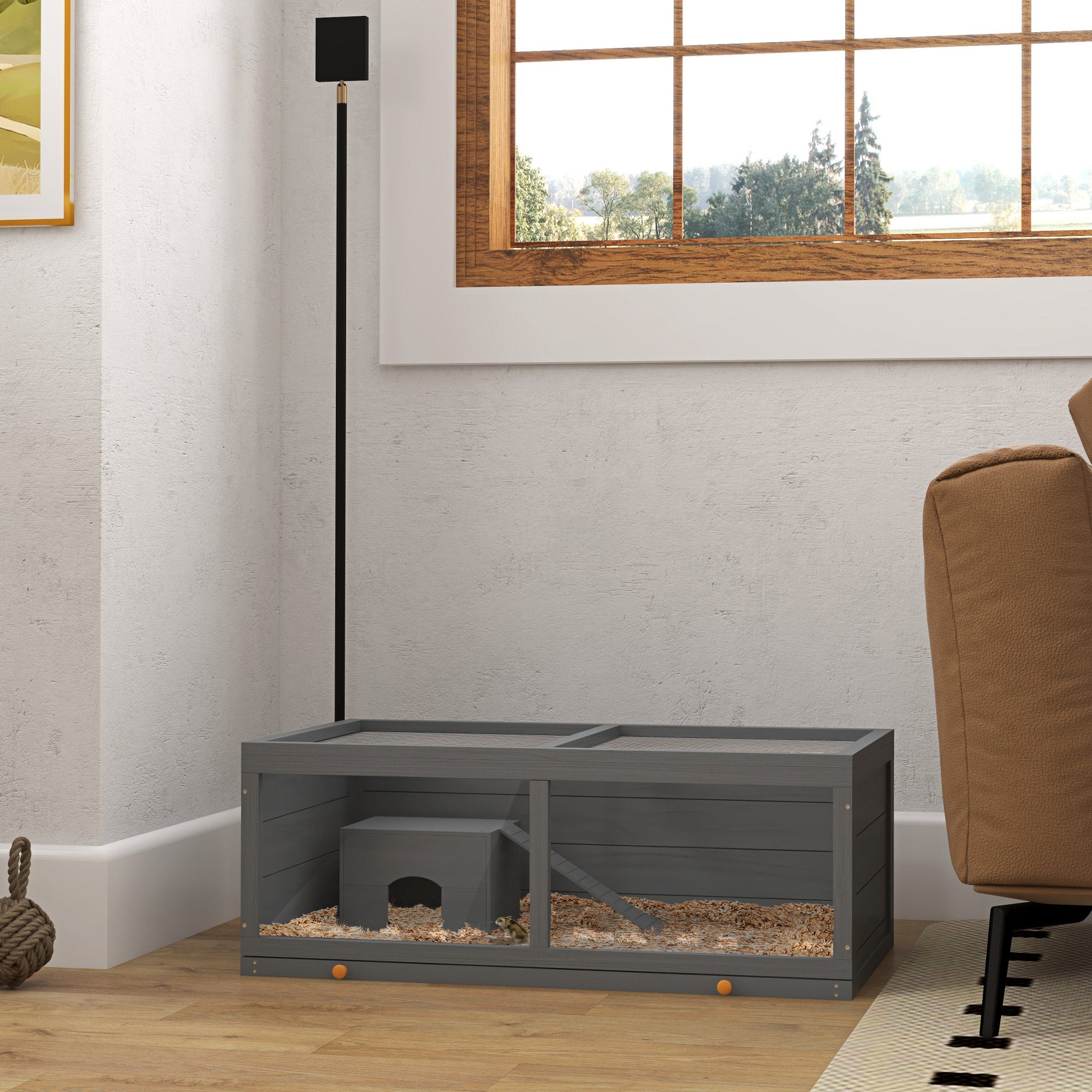 PawHut Wooden Hamster Cage with Sliding Tray, Openable Top, Hut for Syrian Hamsters, Grey - North Peak Garden Furniture