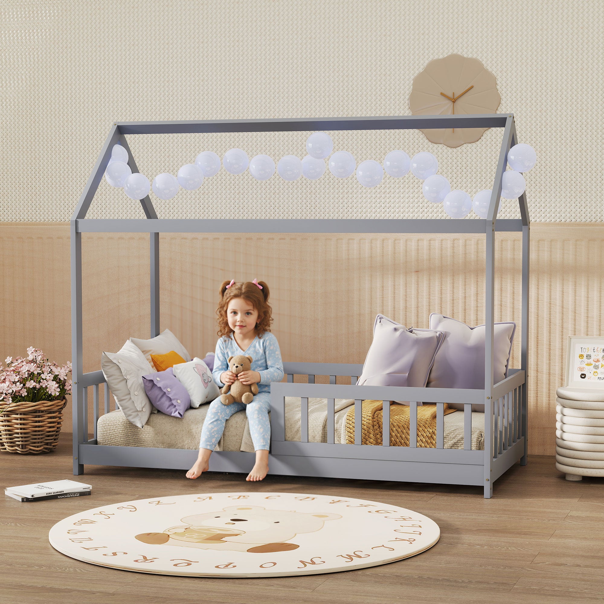 HOMCOM House-Shaped Kids Bed Frame with Guard Rails, Solid Pine Wood Single Bed Frame for Kids Boys and Girls, Grey
