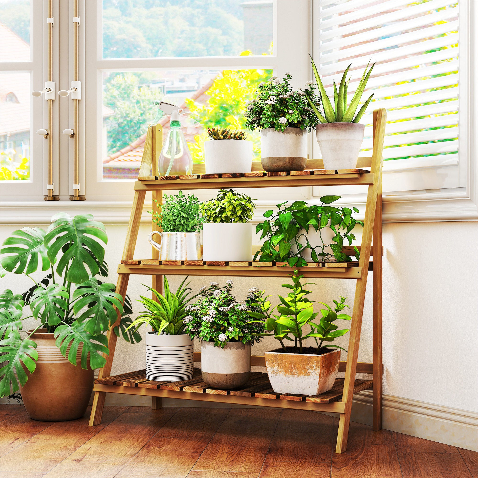 Outsunny Wooden Folding Flower Pot Stand 3 Tier Garden Planter Display Ladder Gardener Storage Shelves Rack Herb Holder (80L x 37W x 93H cm)