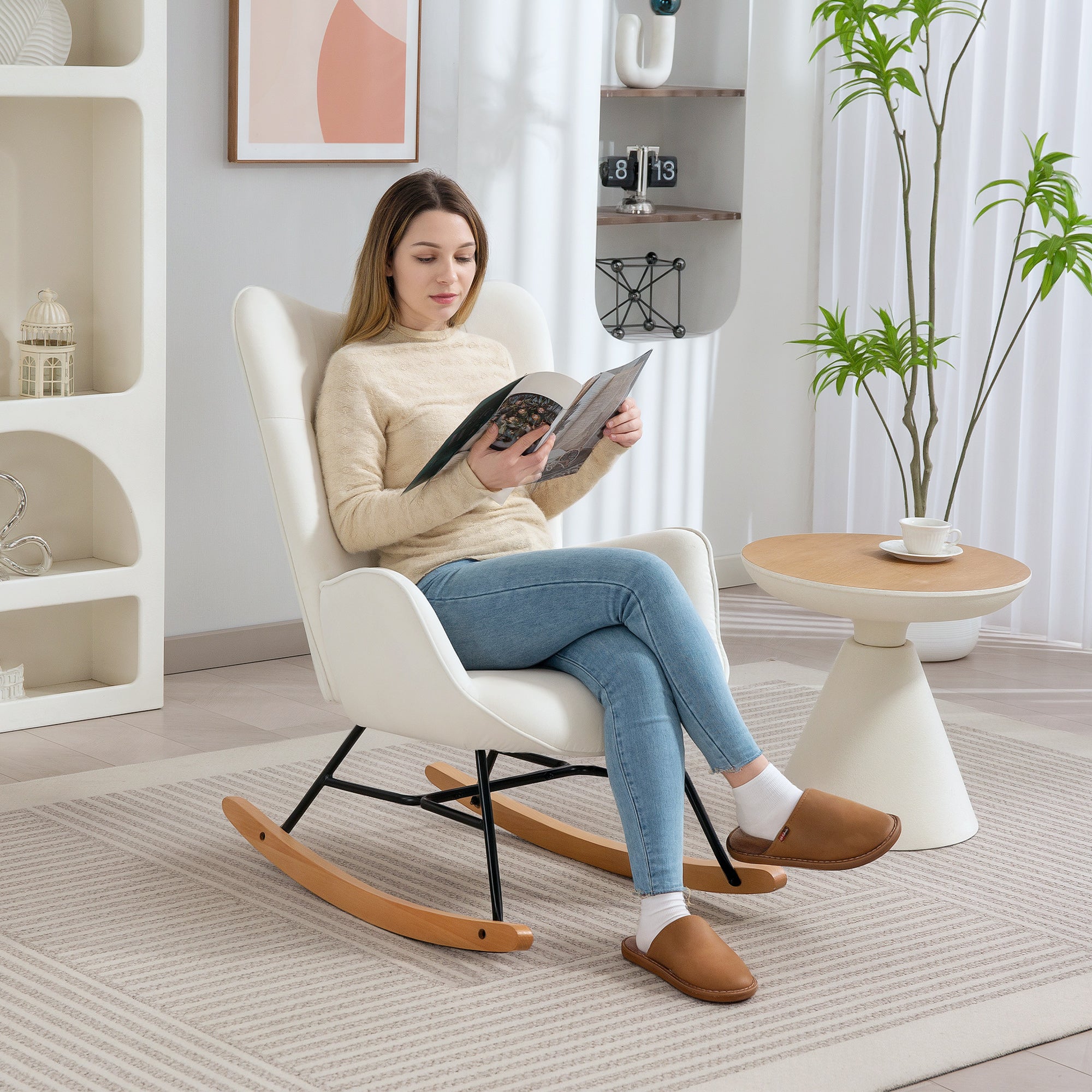 HOMCOM Rocking Chair, Modern Upholstered Velvet Armchair with Solid Wood Legs and Metal Frame for Living Room, Bedroom, Cream - North Peak Garden Furniture