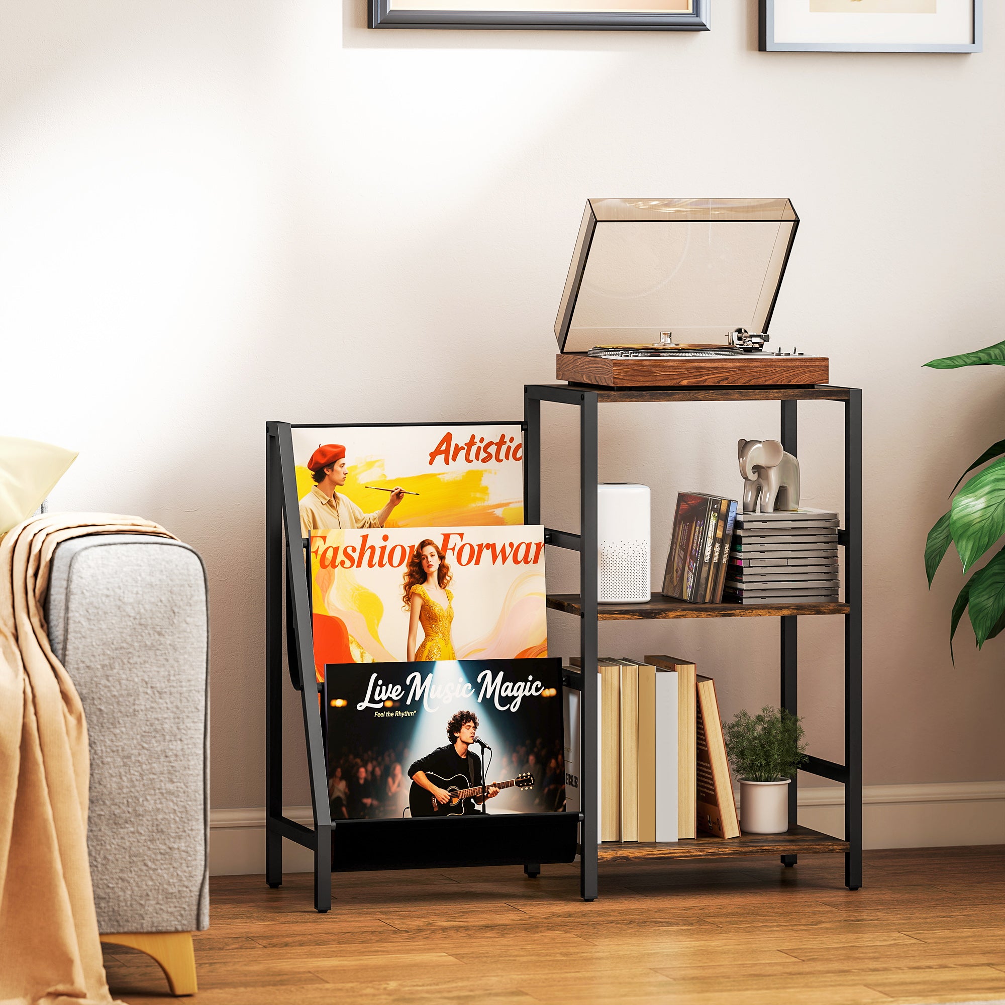 HOMCOM 3-Tier Record Player Stand, End Table for Living Room, Bedroom - Rustic Brown - North Peak Garden Furniture