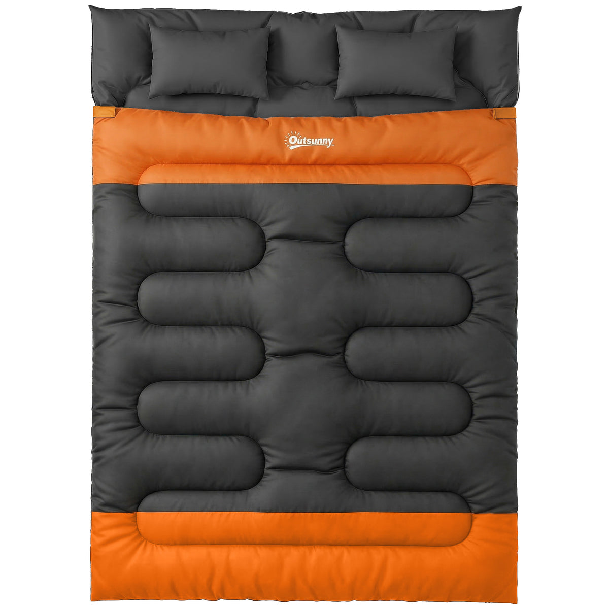 Outsunny Double Sleeping Bag with 2 Pillows, 220 x 160 cm Extra-Large Sleeping Bag for Adults, Grey and Orange