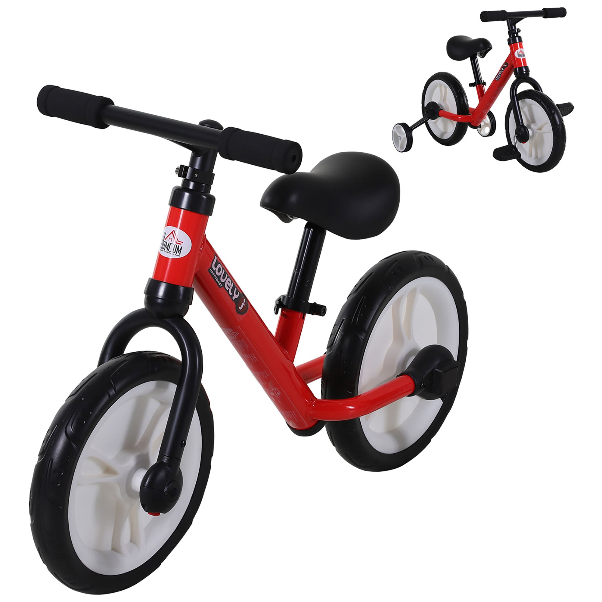 HOMCOM 11 Inch Kids Balance Bike Training Pedal Bicycle W/ Removable Stabilizers EVA Tyres Adjustable Seat Height 2 to 5 Years Gift for Boys Girls Red - North Peak Garden Furniture