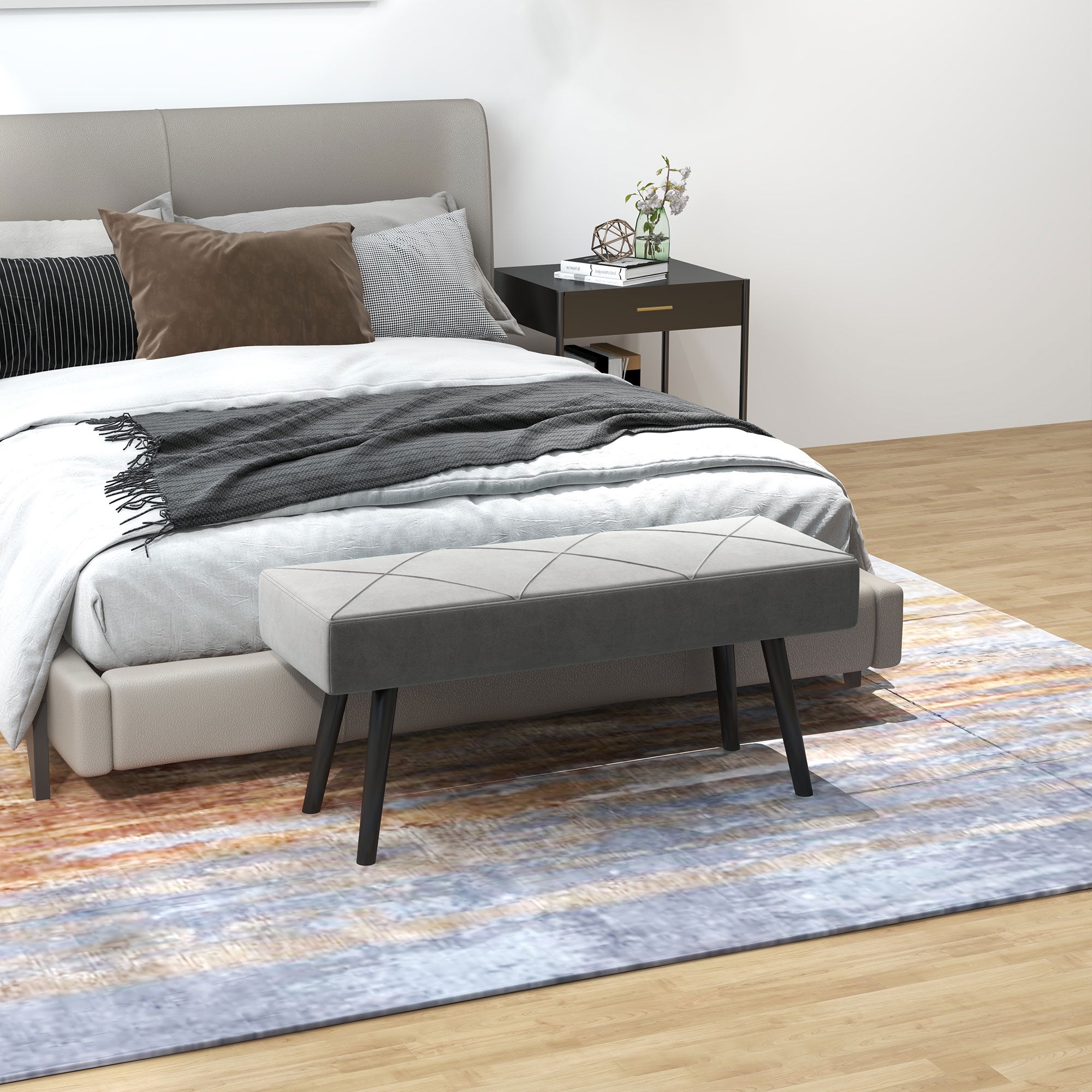 HOMCOM End of Bed Bench with X-Shape Design and Steel Legs, Upholstered Hallway Bench for Bedroom, Grey - North Peak Garden Furniture