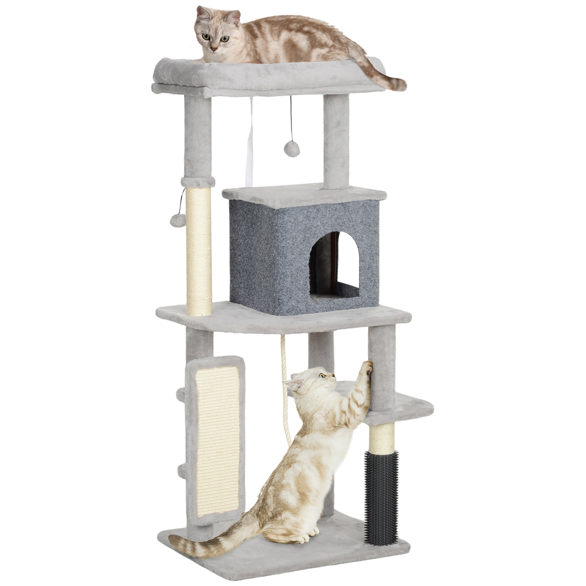 PawHut 132cm Cat Tree w/ Scratching Posts, Pad, Cat Bed, Cat House, Jumping Platform, Grooming Brush, Anti-Tip Kit, Light Grey - North Peak Garden Furniture