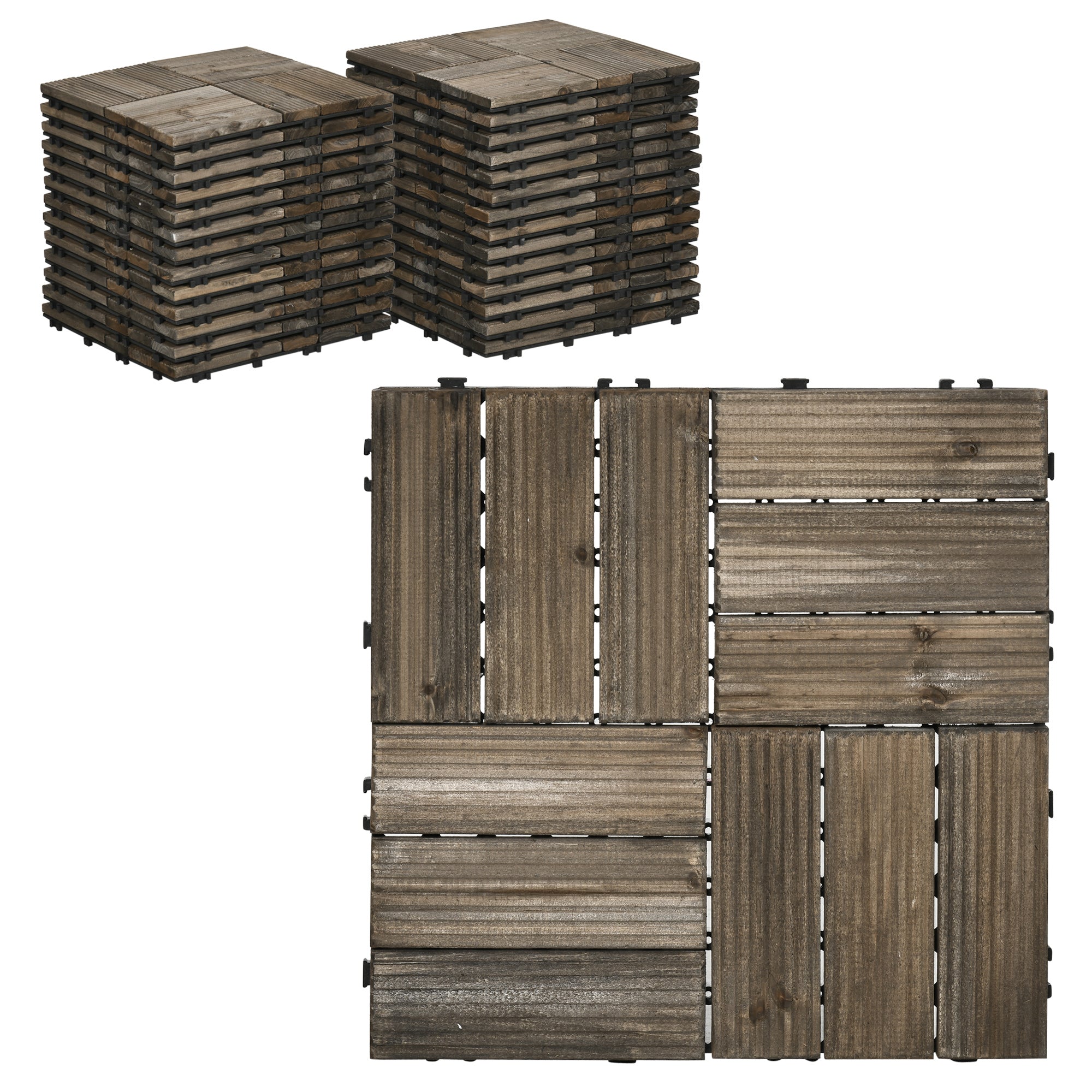 Outsunny 27 Pcs Wooden Interlocking Decking Tiles, Outdoor Flooring Tiles for Patio, Balcony, Terrace, Hot Tub, 30 x 30 cm per Piece, 2.5㎡ per Pack, Charcoal Grey - North Peak Garden Furniture