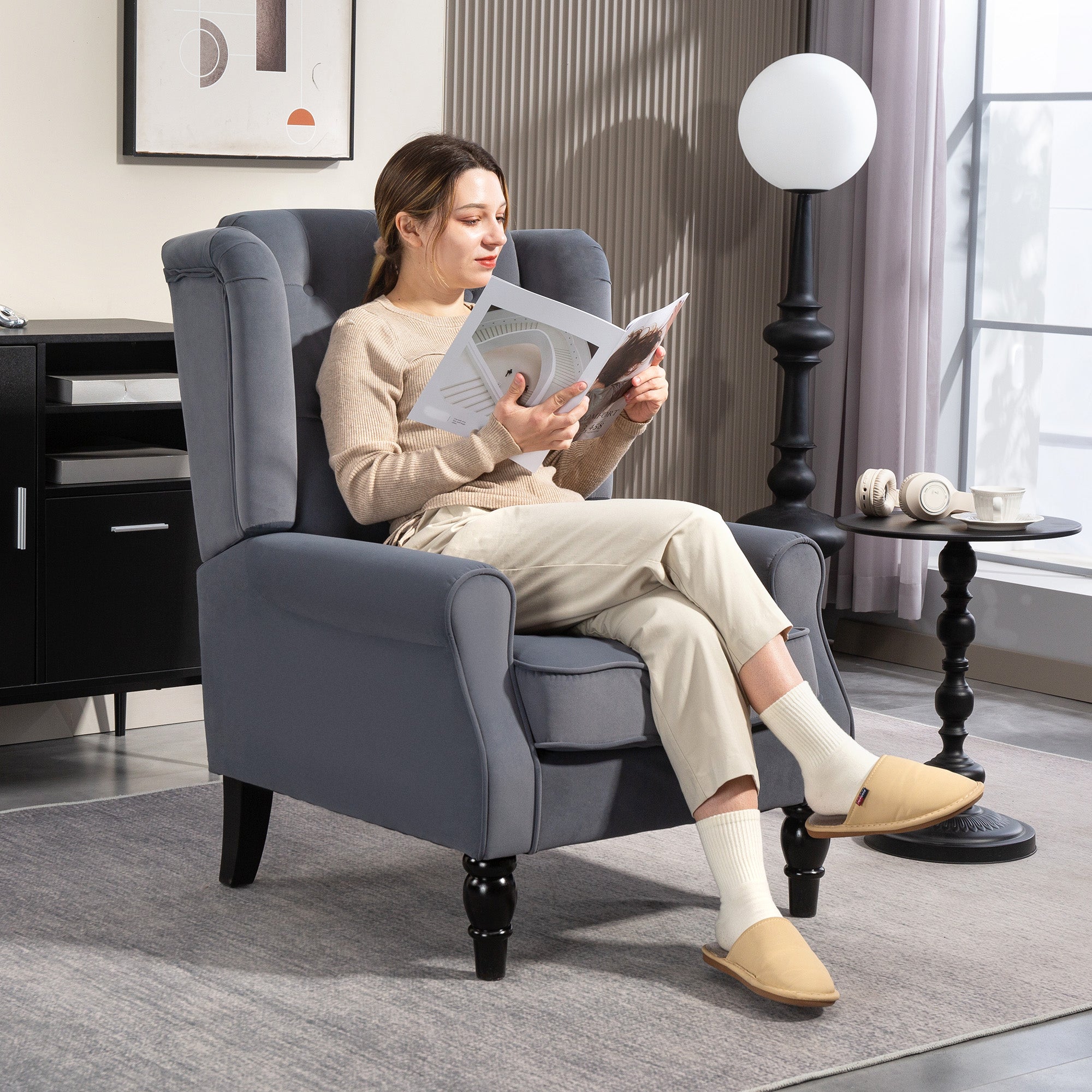 HOMCOM Wingback Accent Chair, Retro Upholstered Button Tufted Occasional Chair for Living Room and Bedroom, Grey - North Peak Garden Furniture