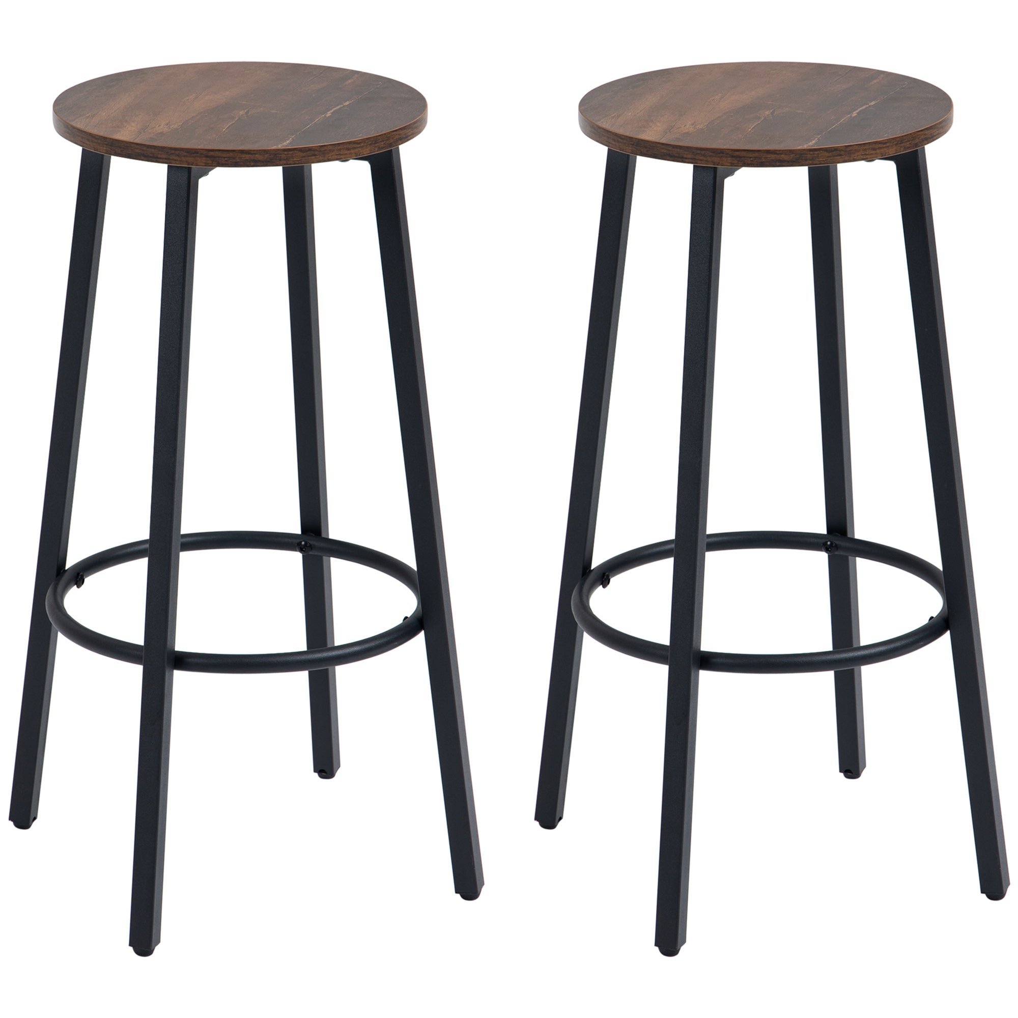 HOMCOM Bar Stools, Set of 2 Kitchen Breakfast Stools with Sturdy Steel Frame, Industrial Tall Bar Chairs, 65cm High Seat, Rustic Brown - North Peak Garden Furniture