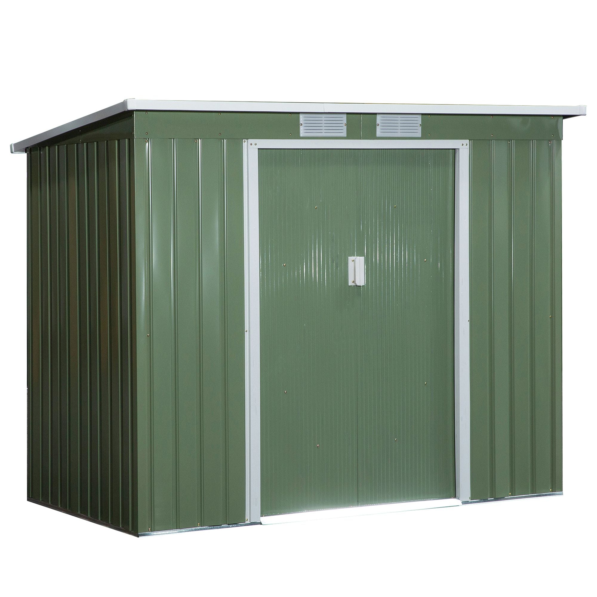 Outsunny 7 x 4ft Lean to Garden Shed with Foundation Kit, Double Door and Vents, Outdoor Metal Storage Shed for Equipment Tools, Green - North Peak Garden Furniture
