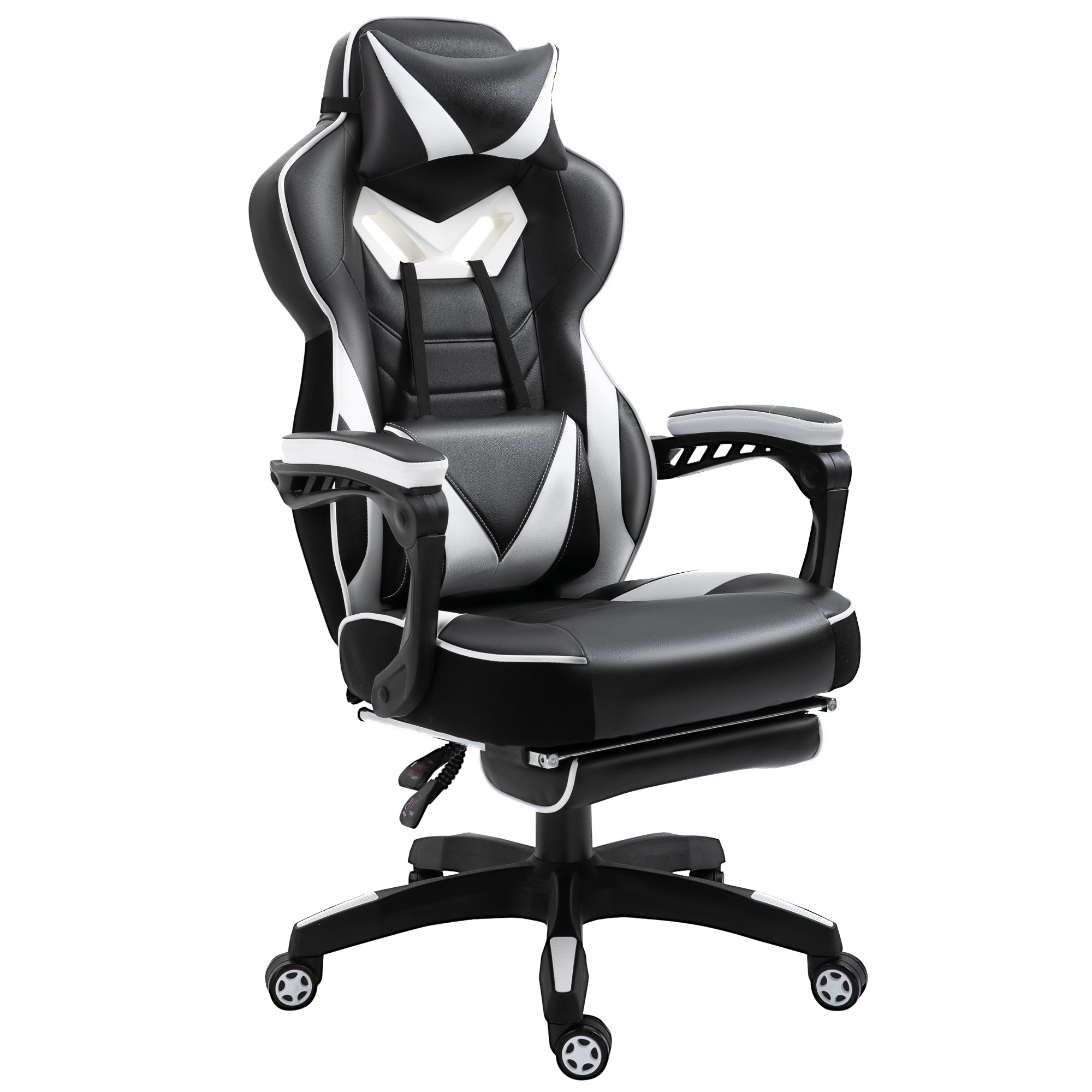 Vinsetto Computer Gaming Chair, Racing Desk Chair with Lumbar Support and Footrest, PU Leather Gamer Chair with Headrest and Swivel Wheels for Home, White - North Peak Garden Furniture