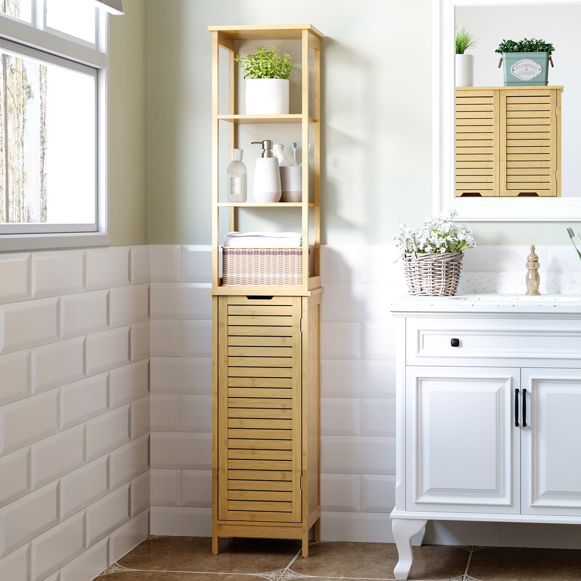 kleankin Bathroom Floor Cabinet with 3 Shelves, Slim Storage Cupboard and Freestanding Organiser, Natural - North Peak Garden Furniture