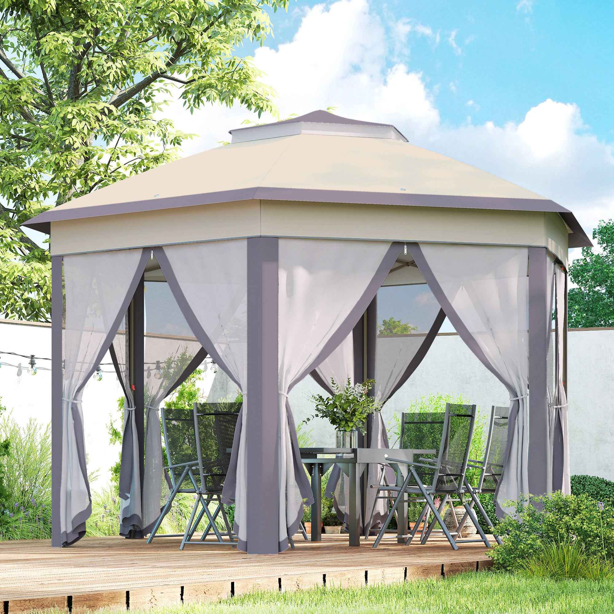 Outsunny Hexagon Garden Gazebo Pop Up Gazebo Outdoor Patio Double Roof Instant Shelter with Netting, 3 x 4m, Beige