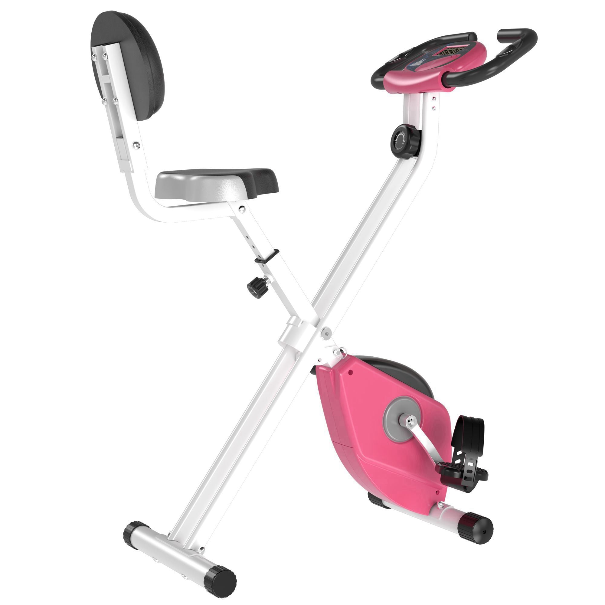 HOMCOM Exercise Bike Fitness Bicycle Indoor trainer Foldable 8-level Magnetic Resistance Adjustable w/LCD Monitor Pulse Sensor, Pink - North Peak Garden Furniture