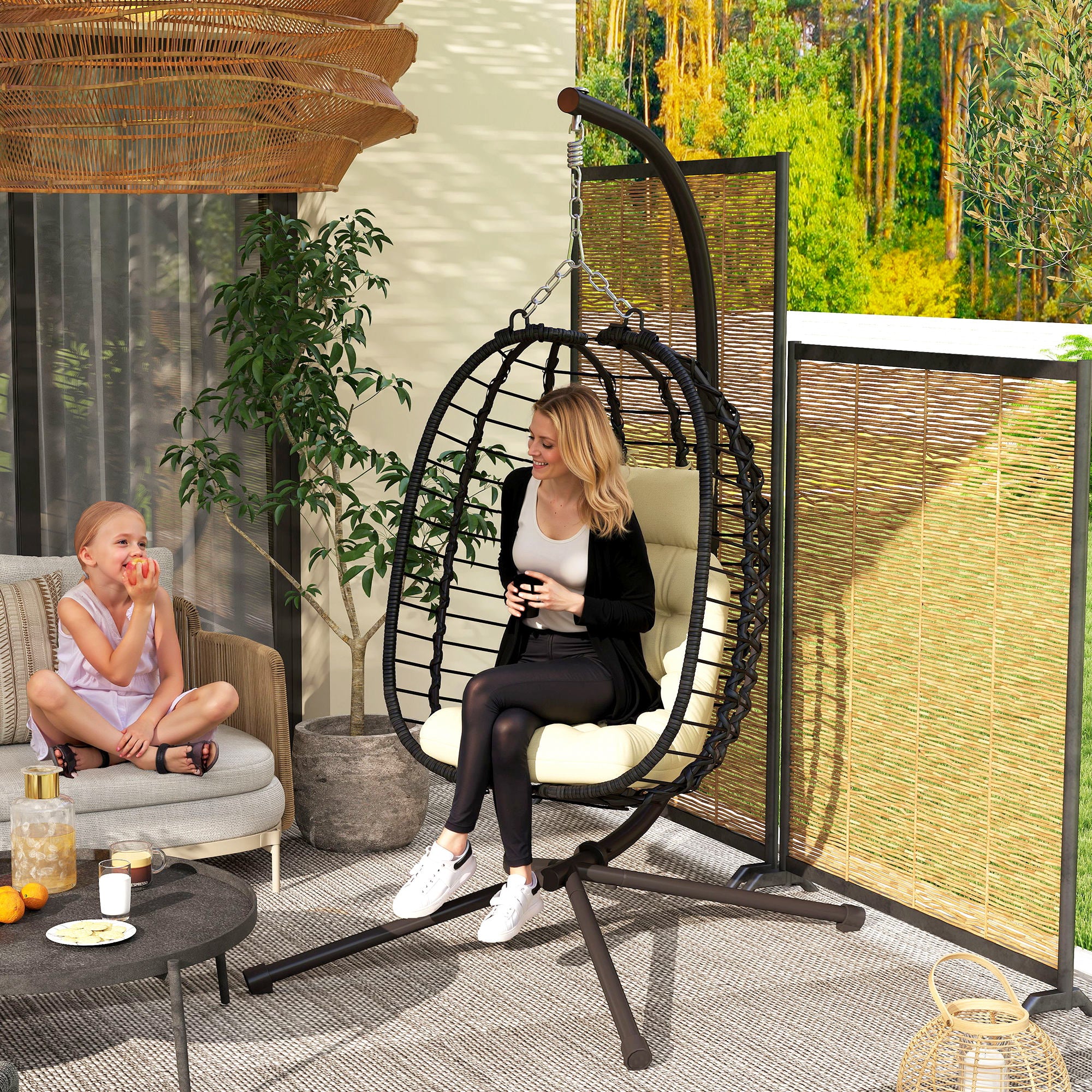 Outsunny Rattan Hanging Egg Chair, Foldable Wicker Hammock Swing Chair with Cushion, Stand, Adjustable Height, Head Pillow, Steel Frame for Garden Patio Indoor Outdoor, Cream White - North Peak Garden Furniture